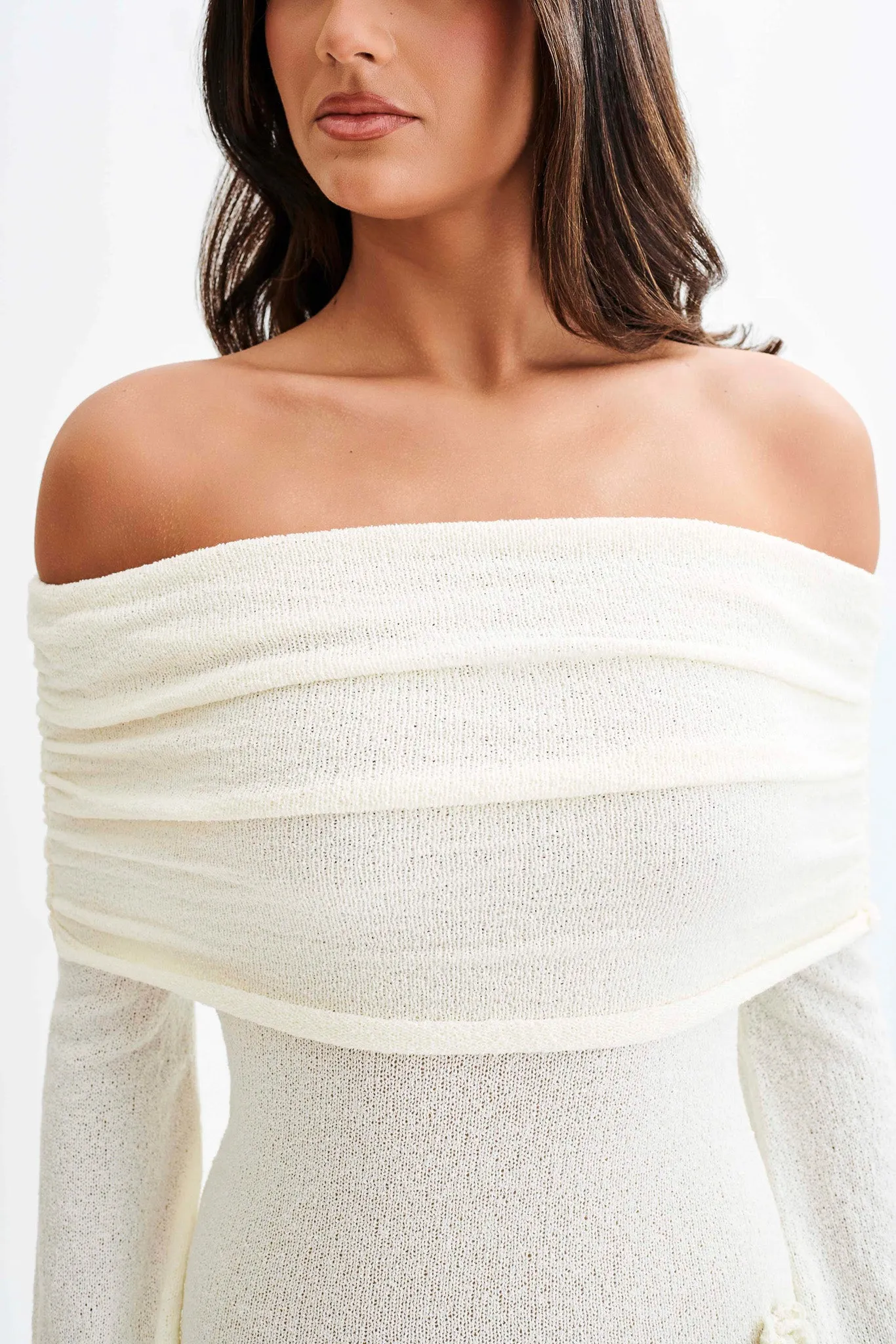 Chill Friendly Comfy Detail Kiki Off Shoulder Knit Rose Maxi Dress - Ivory