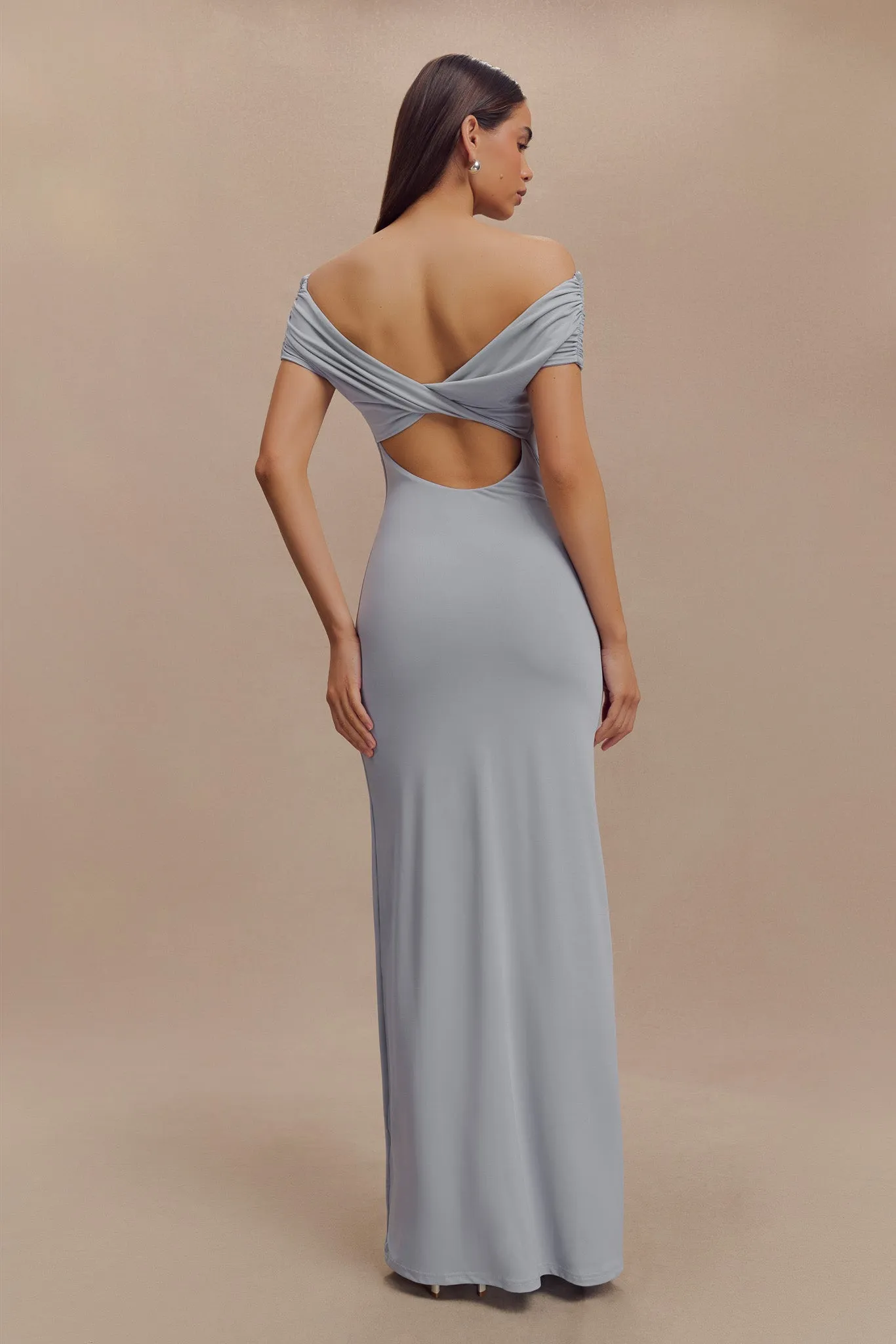 Imogen Off Shoulder Slinky Maxi Dress - Dusty Blue Flow Friendly