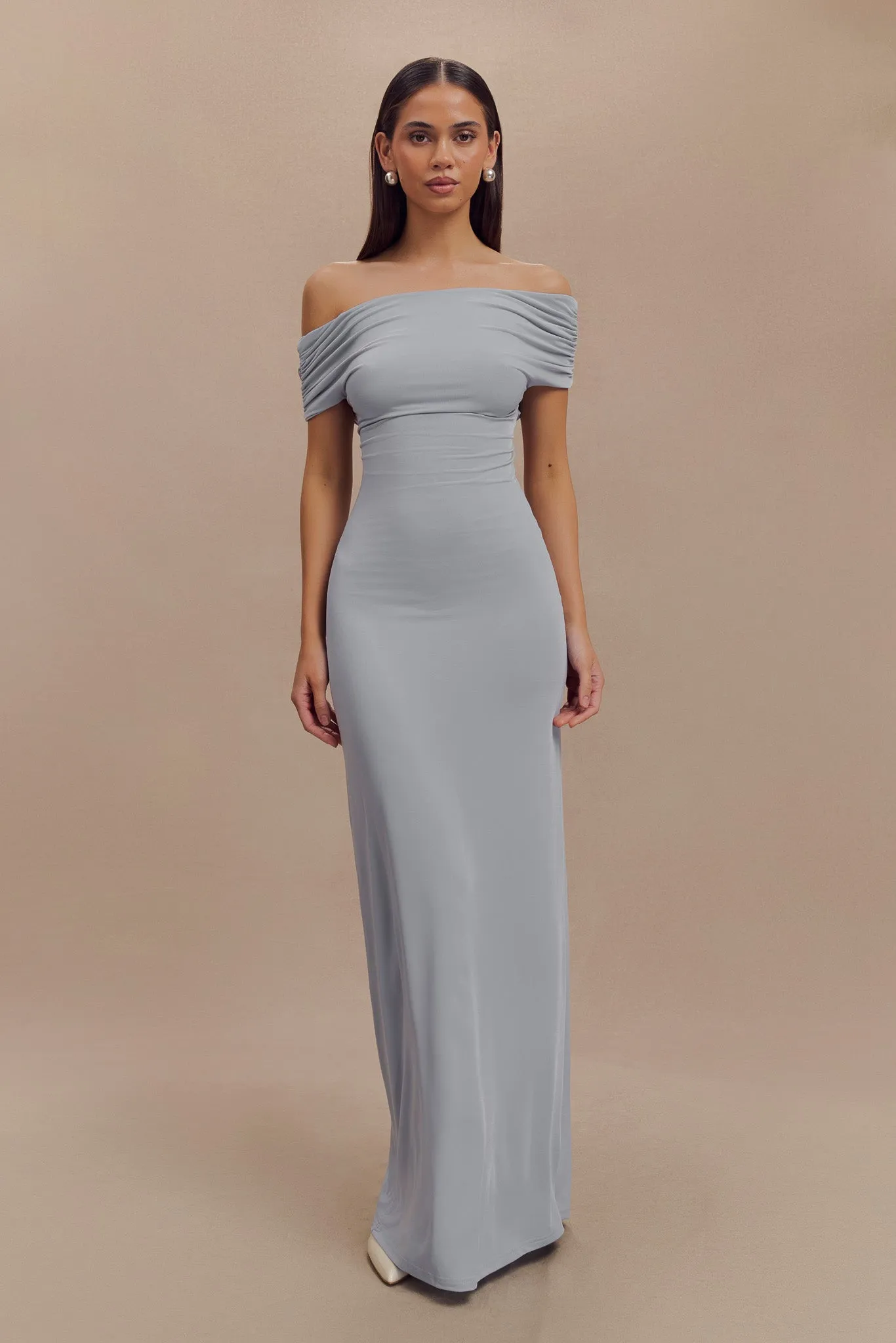 Imogen Off Shoulder Slinky Maxi Dress - Dusty Blue Smart Waist Design Polished Form