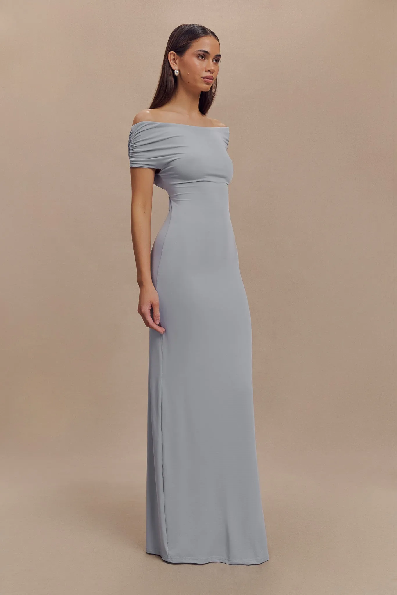 Chill Mode Imogen Off Shoulder Slinky Maxi Dress - Dusty Blue