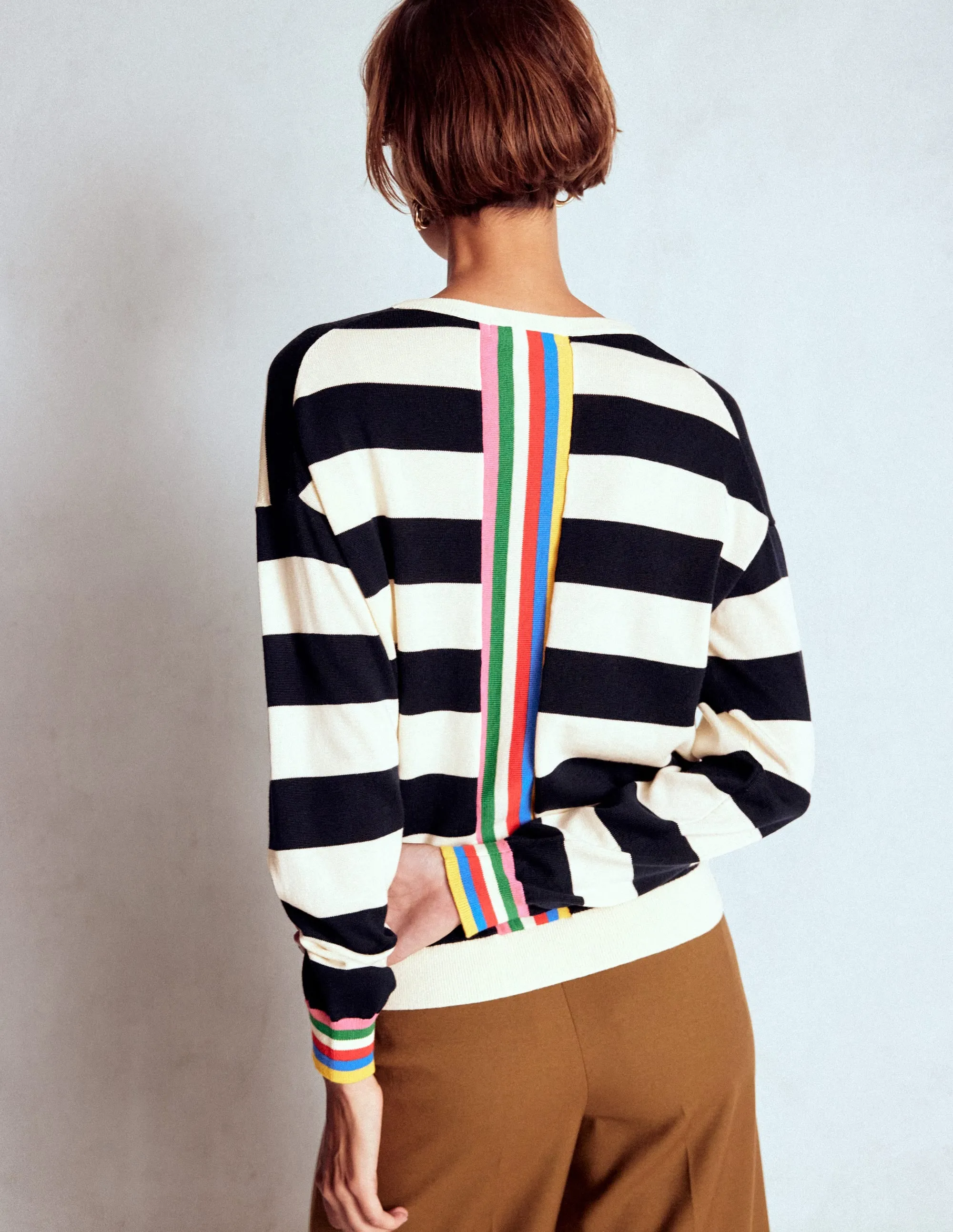 Lara Relaxed Cotton Jumper-Navy, Ivory Stripe Flexible Ribbing