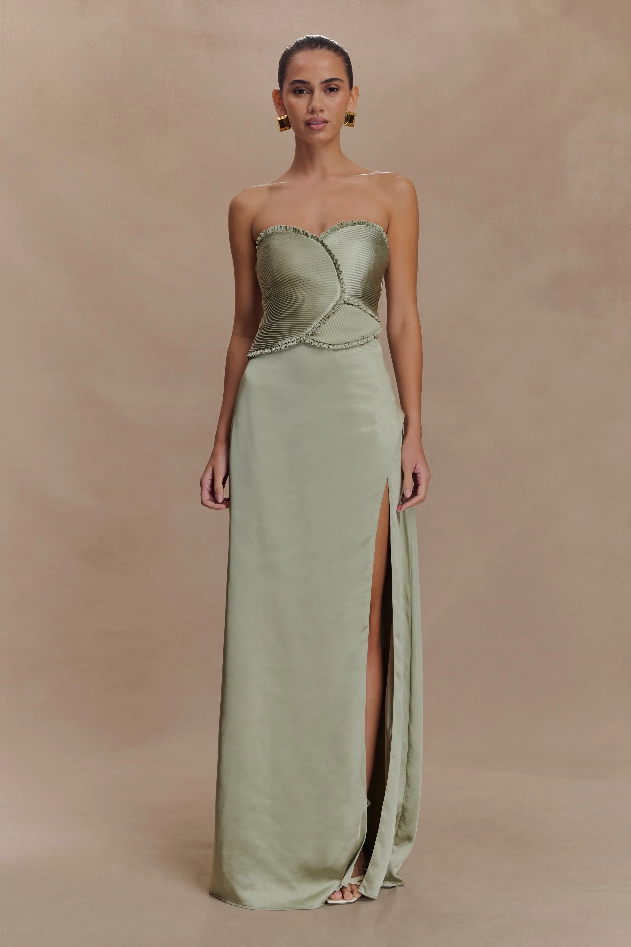 Larissa Satin Maxi Dress With Ruched Petals - Sage Rhinestone-Detail