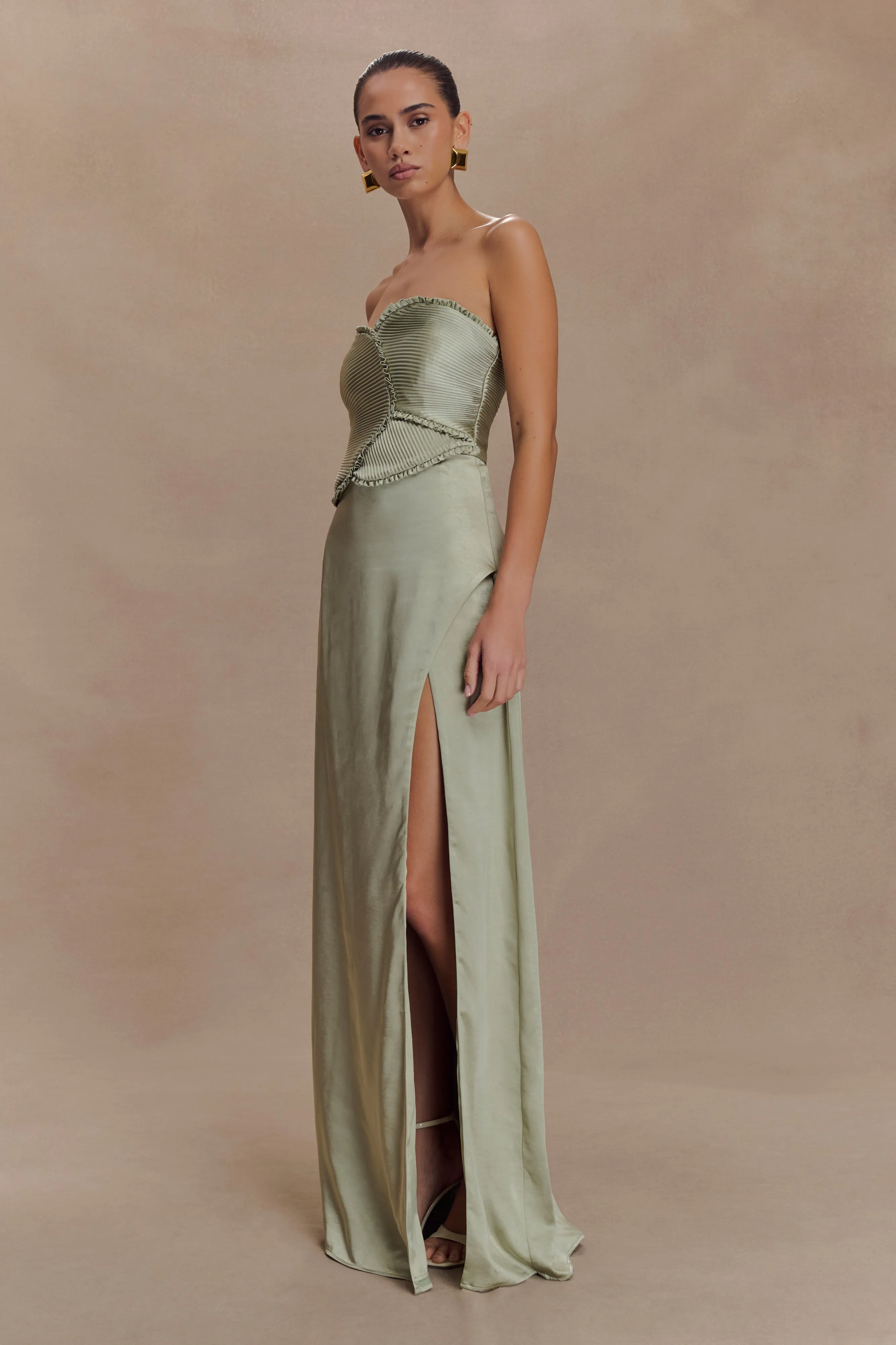 Larissa Satin Maxi Dress With Ruched Petals - Sage Versatile Comfort Wear Sophisticated Style