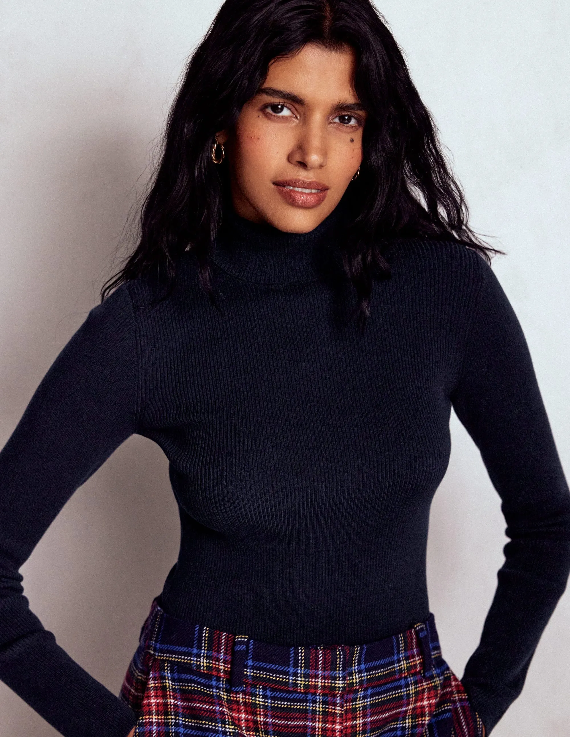 Layered Collar Option QuickDry Fabric Emilia Cotton Roll Neck Jumper-Navy