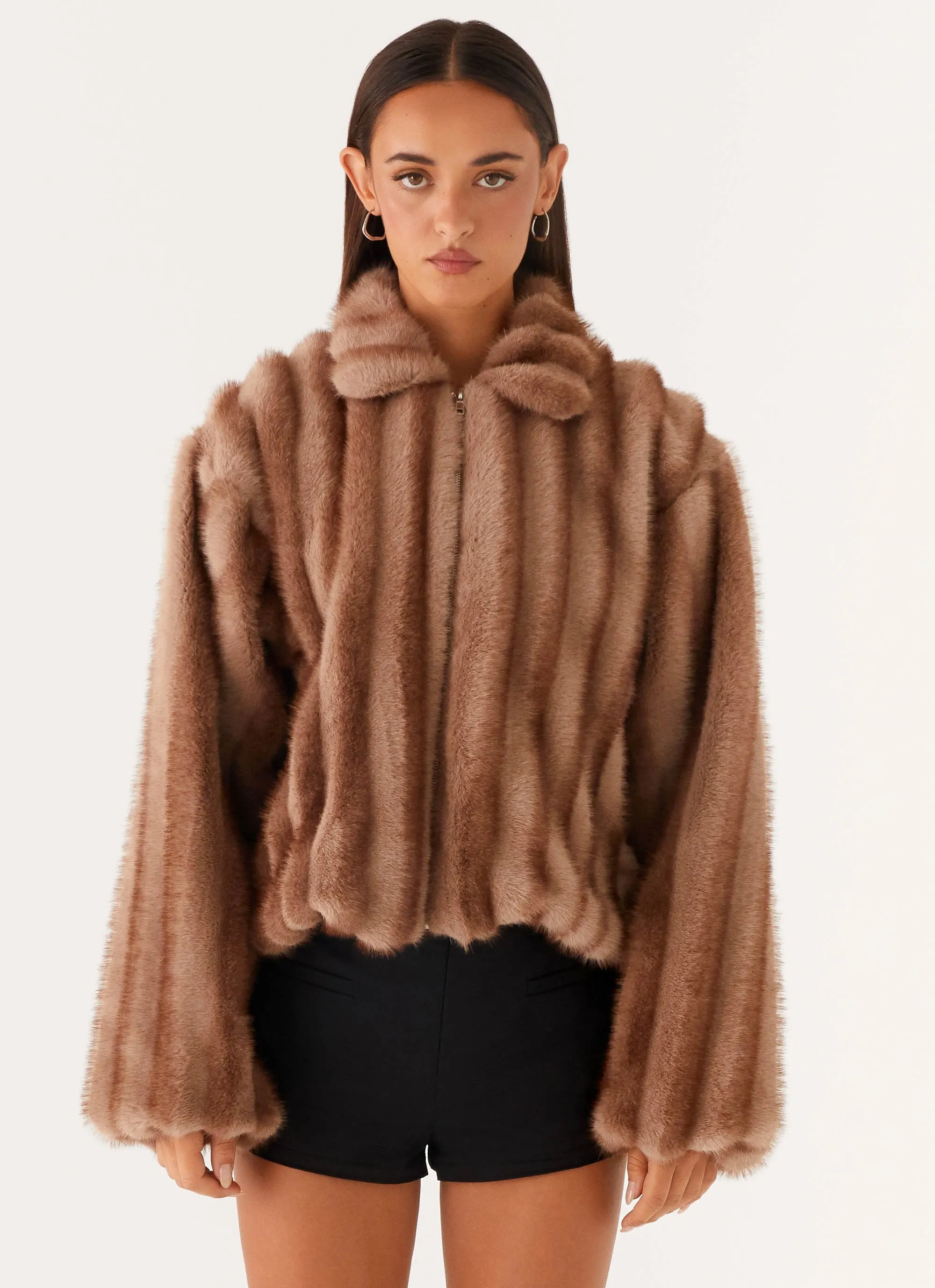 Naylor Faux Fur Jacket - Brown Non Bulky Profile