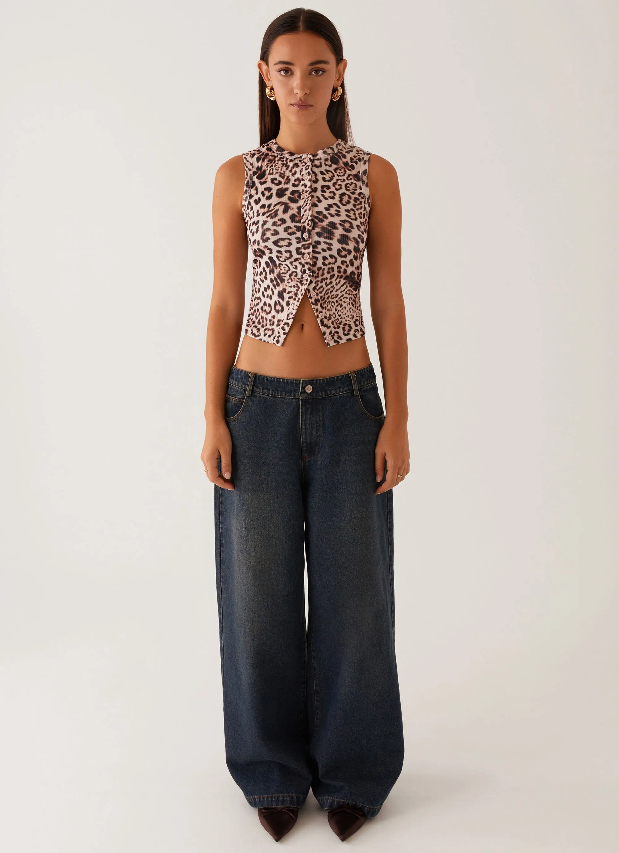 WaffleKnit Texture Blair Buttoned Tank Top - Leopard