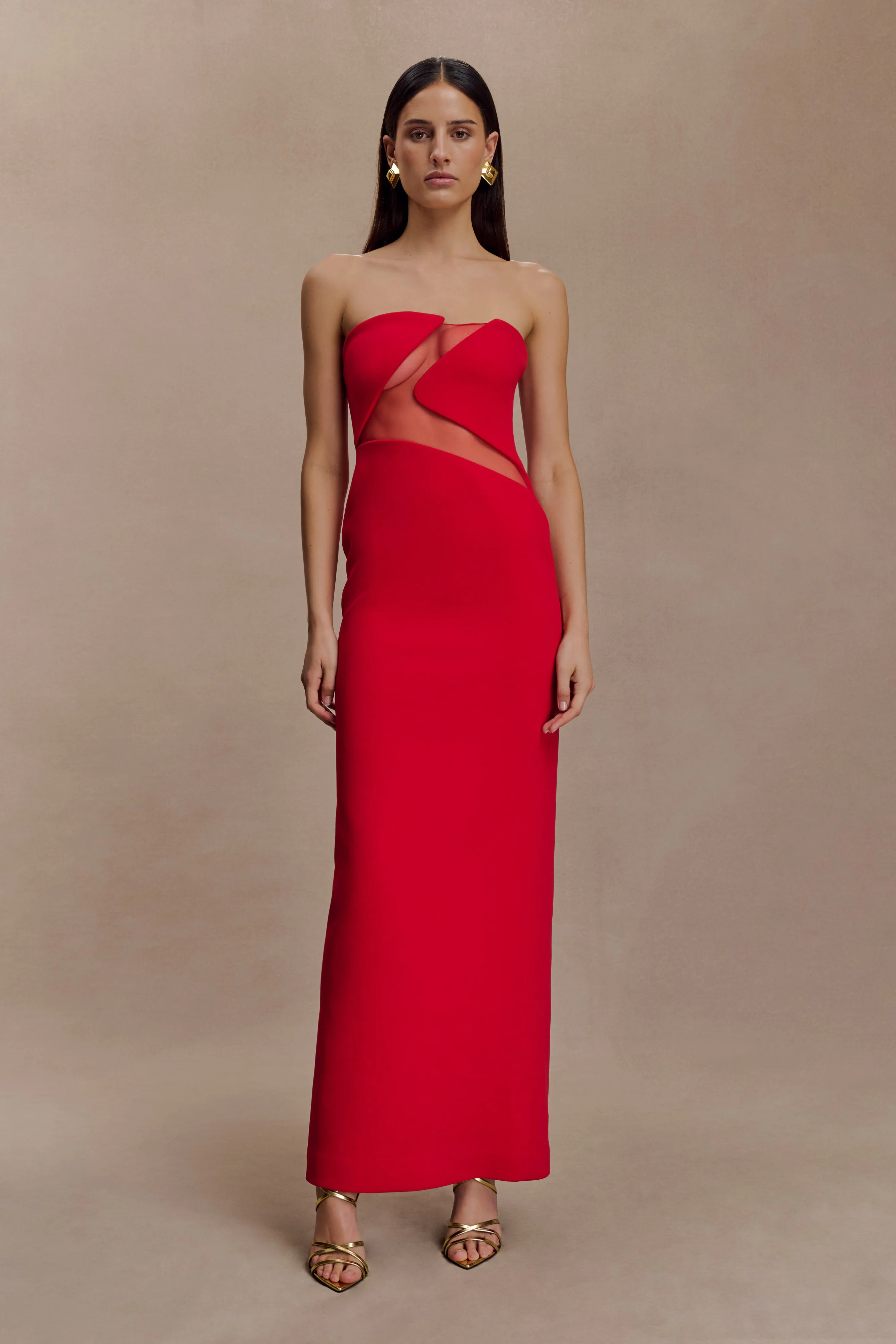 Button Accent Lianne Strapless Maxi Dress - Red