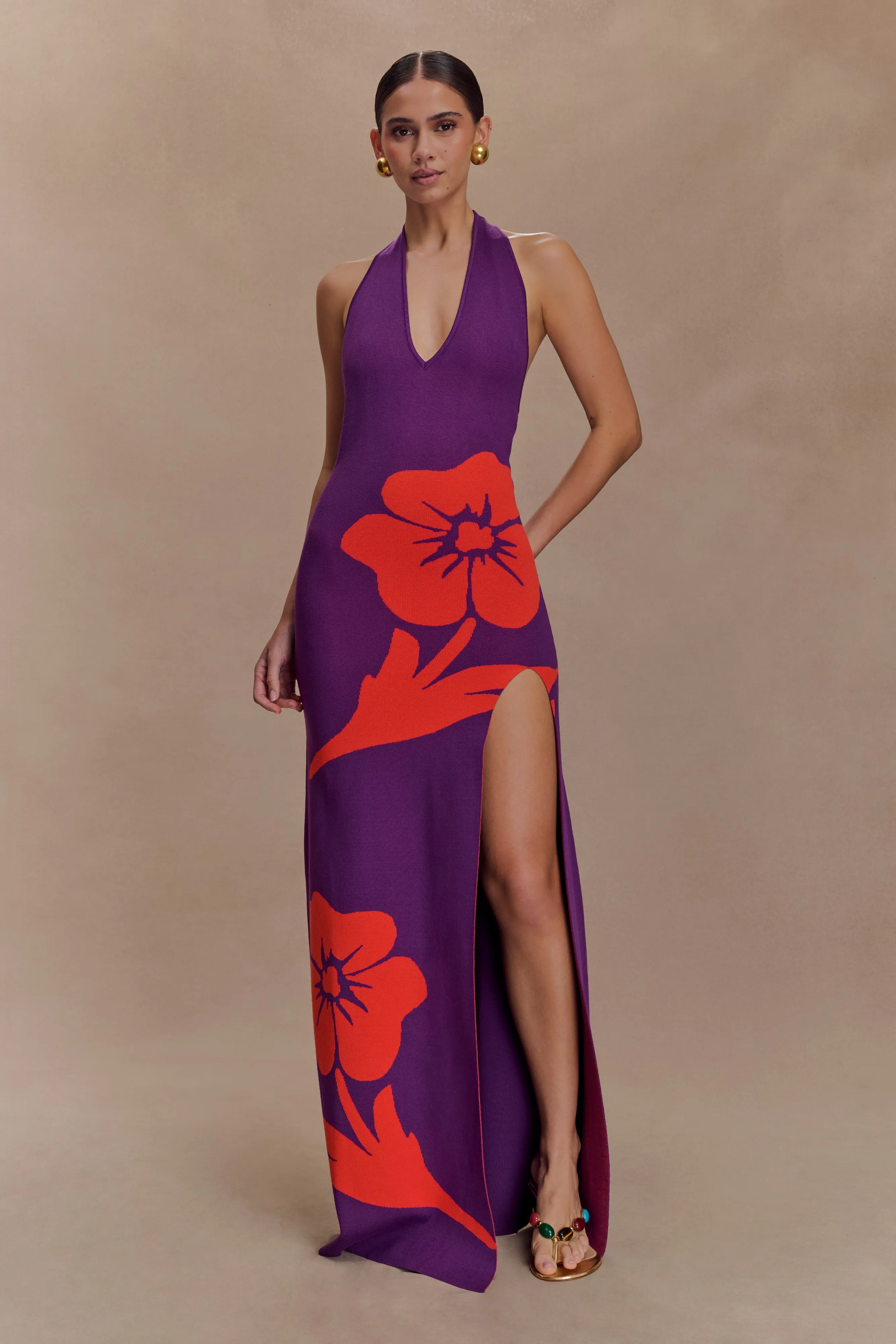 Luxe Wear Stacy Knit Halter Maxi Dress - Purple/Red