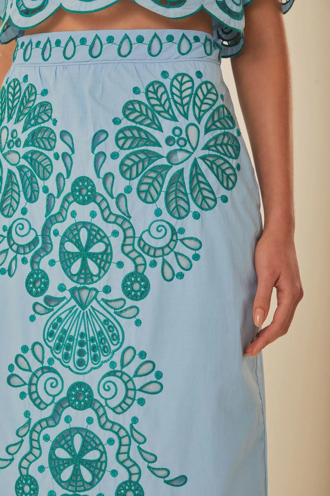 Light Blue And Green Graphic Richelieu Midi Skirt Budget Friendly