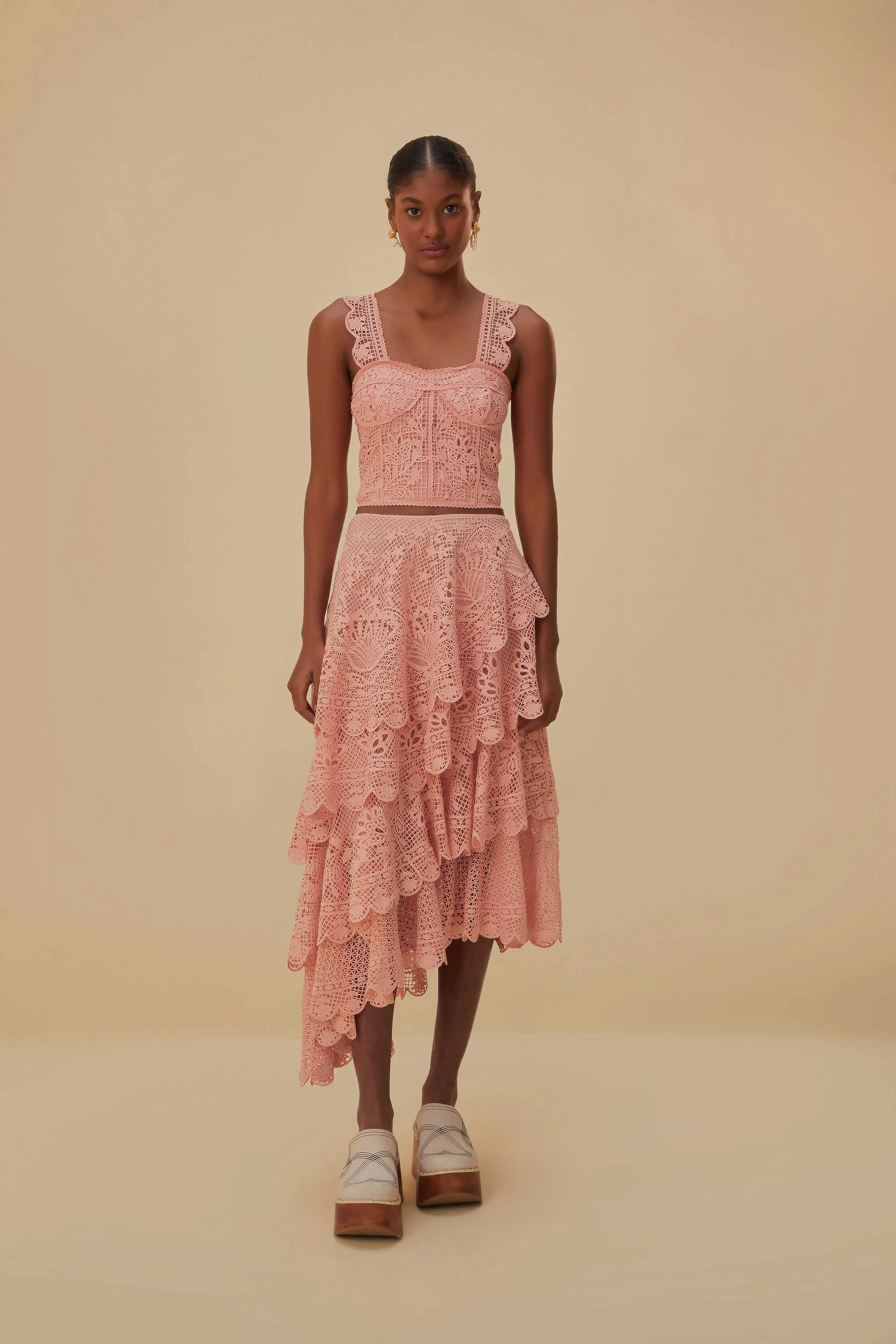 Light Pink Guipure Layered Maxi Skirt Gentle Flow Modern Combo