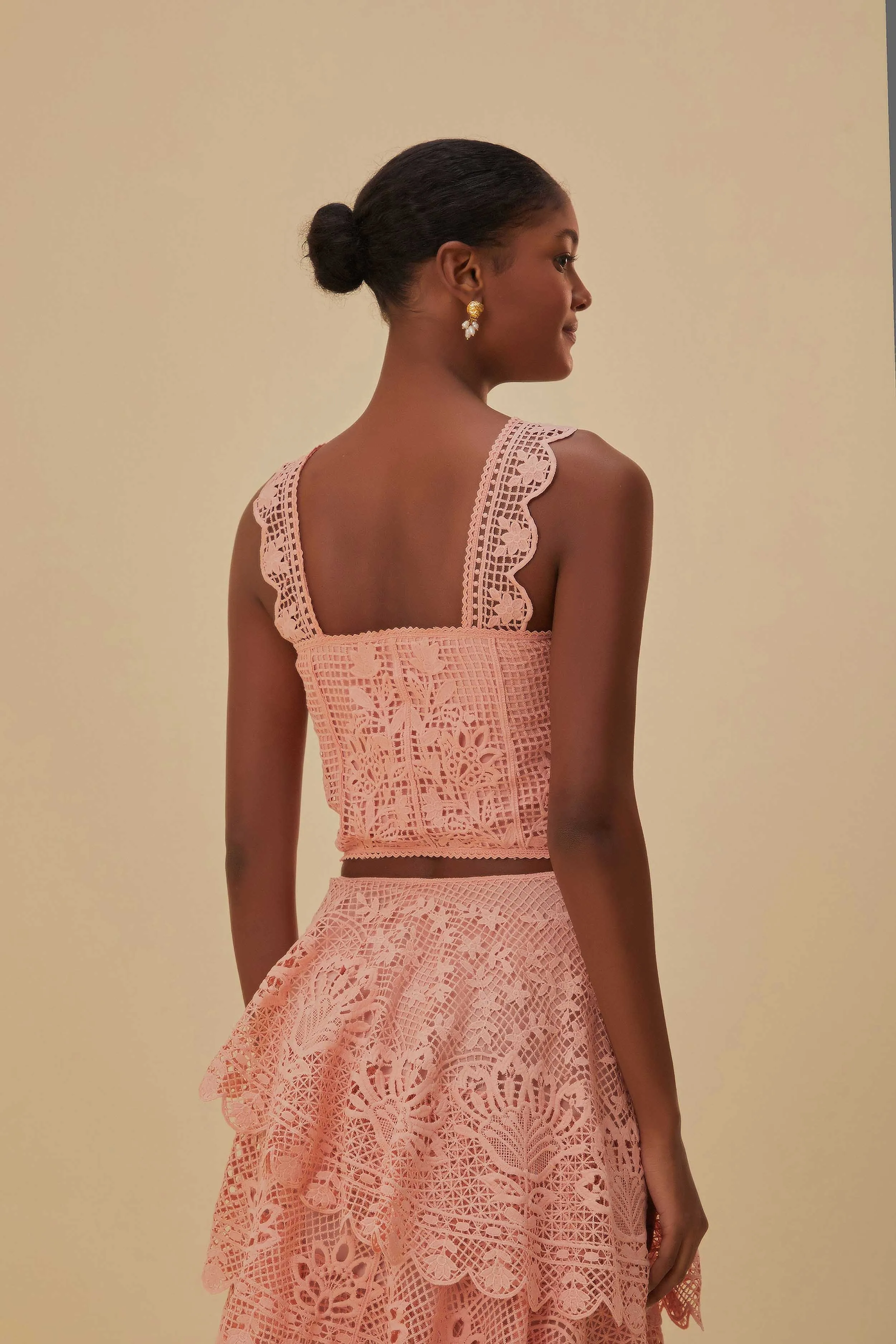 Light Pink Guipure Sleeveless Crop Top Adjustable drawstring Farm Glow