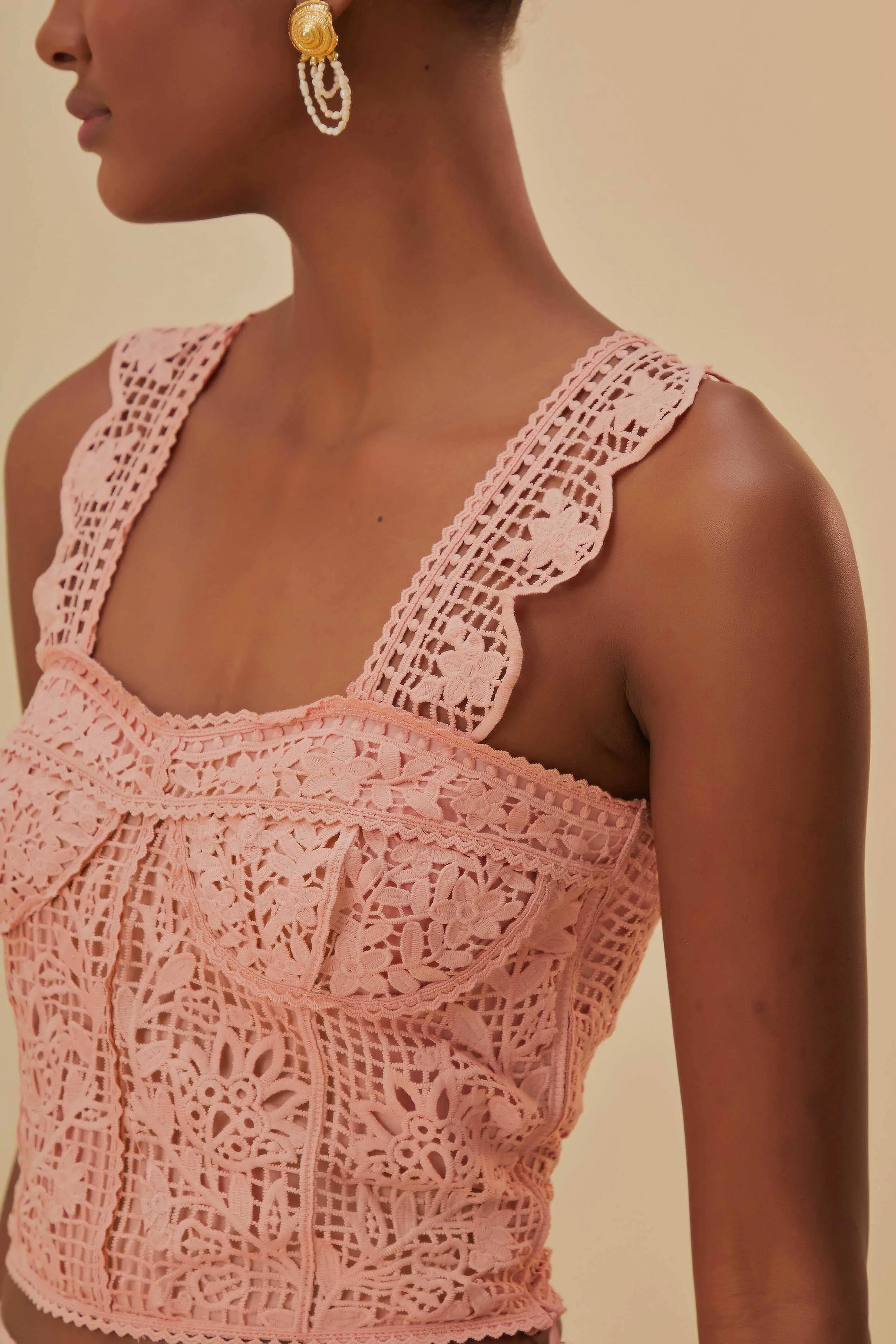 NonRestrictiveFit Light Pink Guipure Sleeveless Crop Top