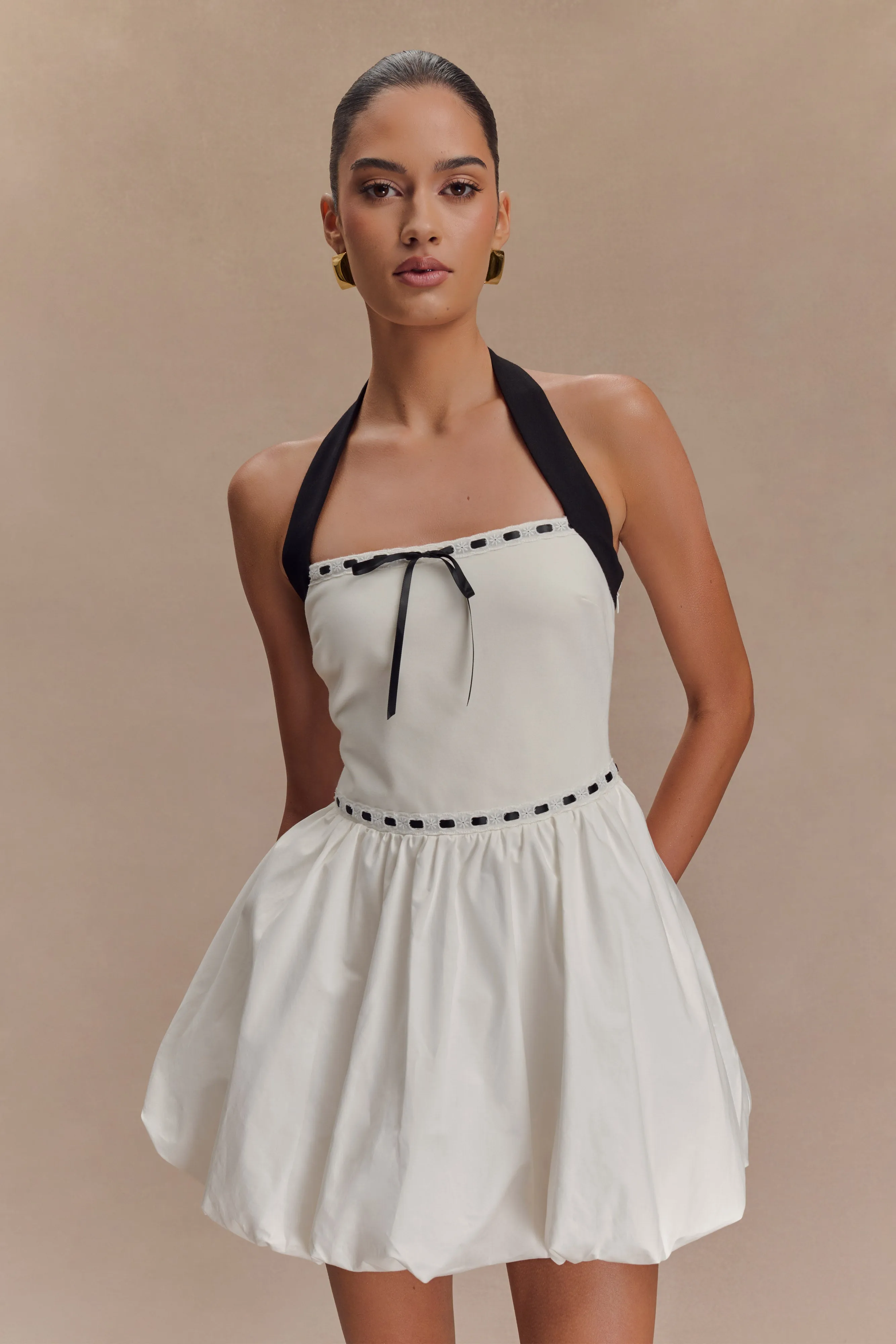 Texture Play Queenie Halter Bubble Mini Dress - Black/White