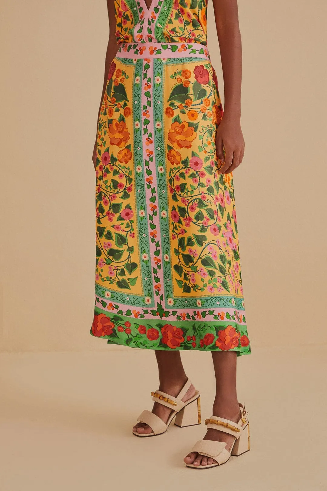 Twist Knot Details Bold Accent Light Yellow Heart Ivy Midi Skirt