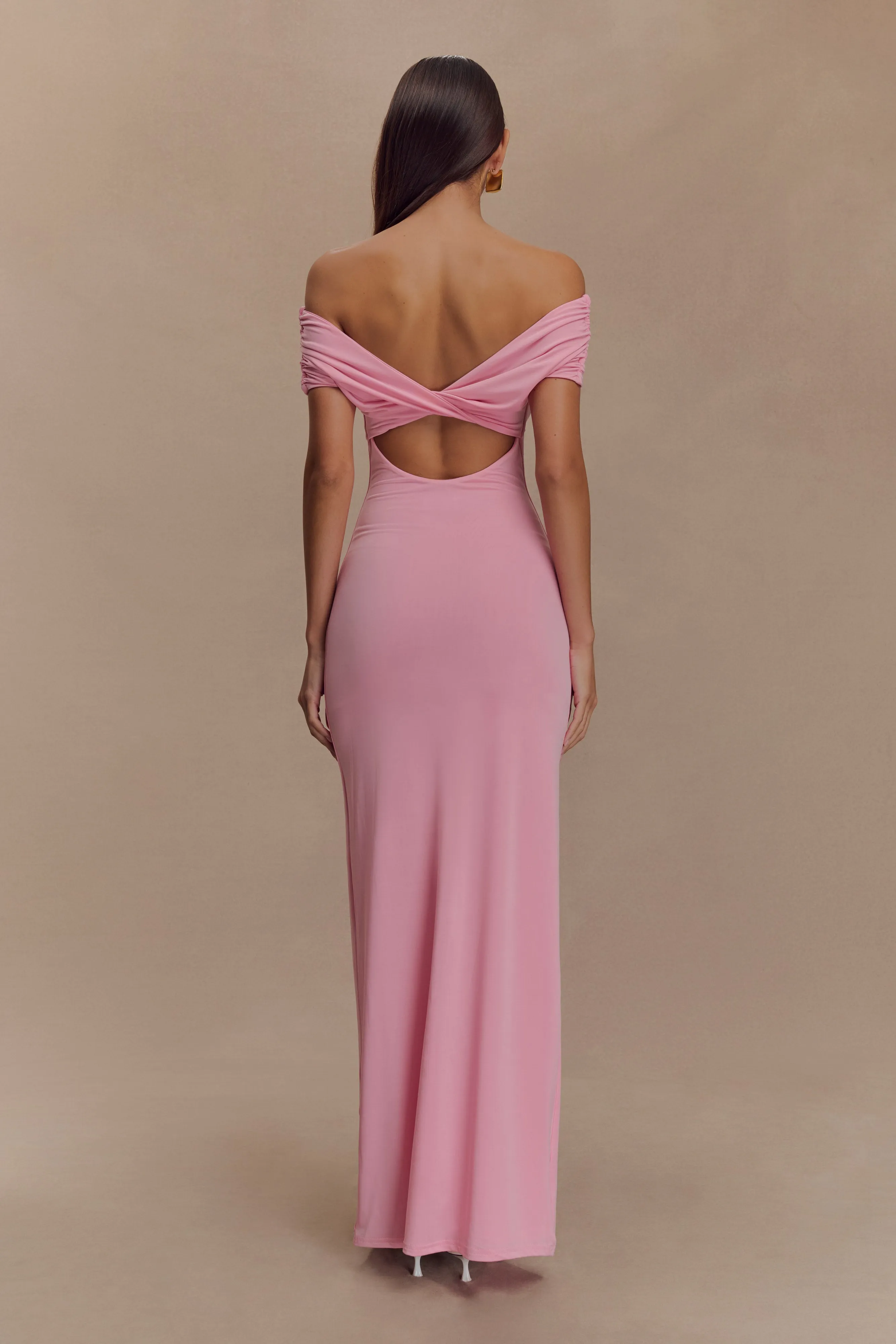 Imogen Off Shoulder Slinky Maxi Dress - Candy Pink Seasonal Wear Rose Flush