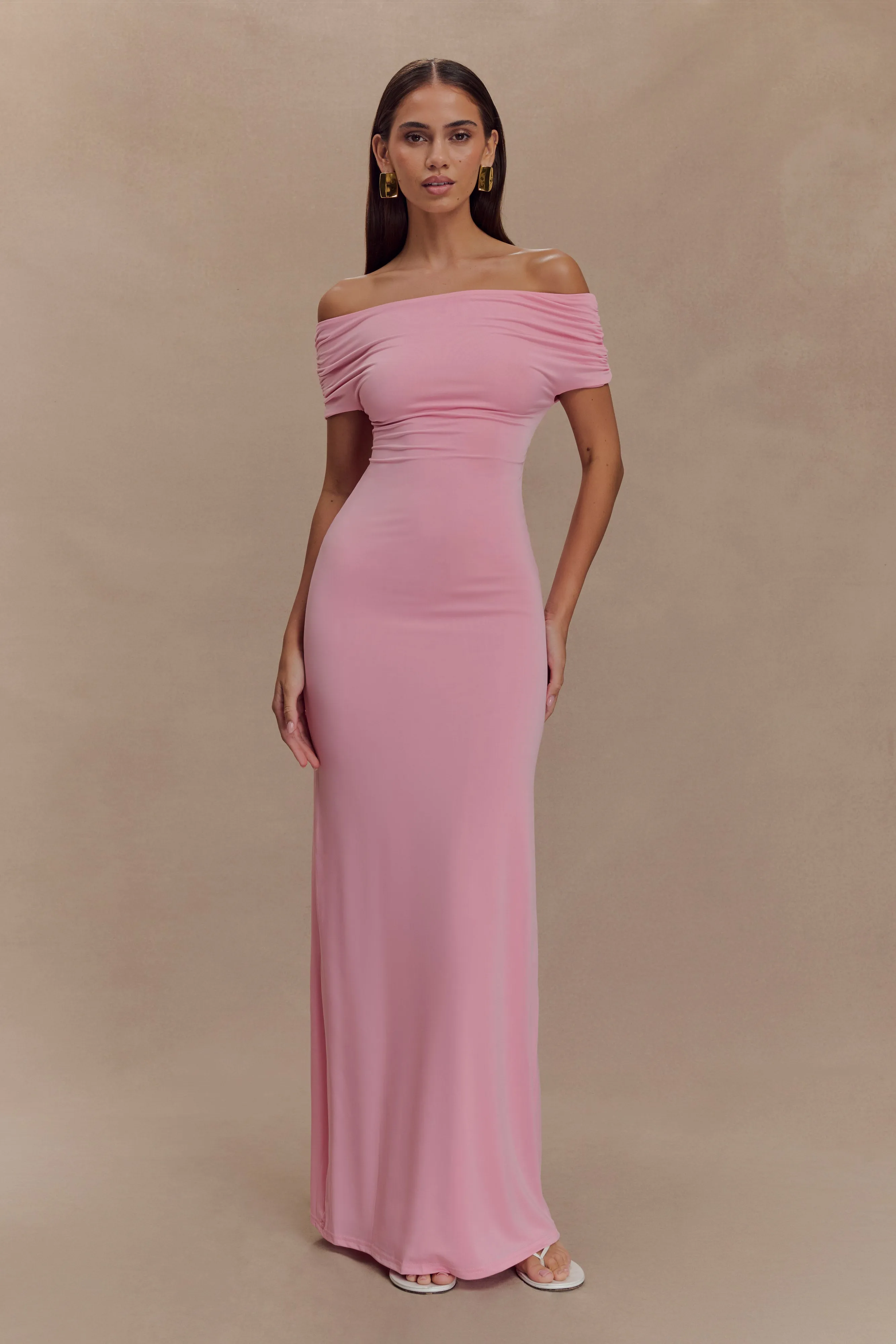 MultiPurposePockets Imogen Off Shoulder Slinky Maxi Dress - Candy Pink