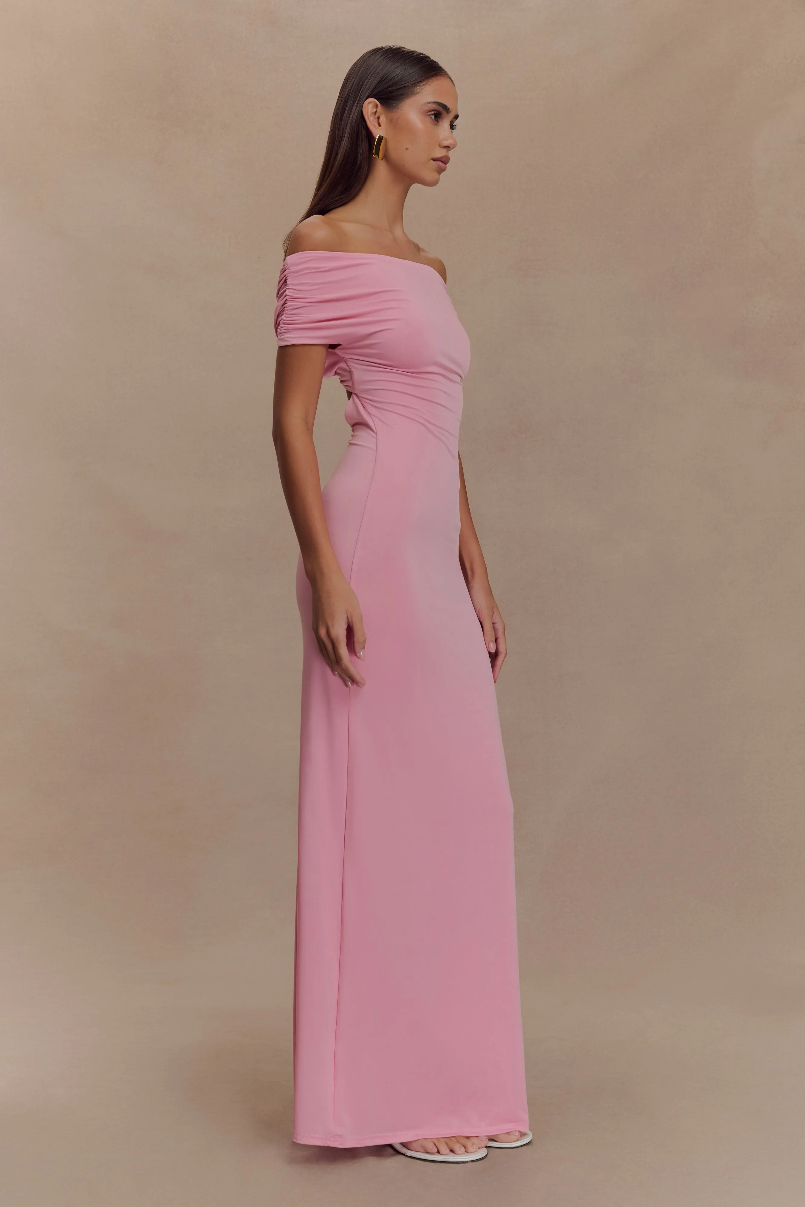 Imogen Off Shoulder Slinky Maxi Dress - Candy Pink Rose Flush Effortless weekend dress