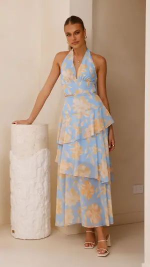 Louka Layered Maxi Dress - Blue/Yellow Floral Draped Layer
