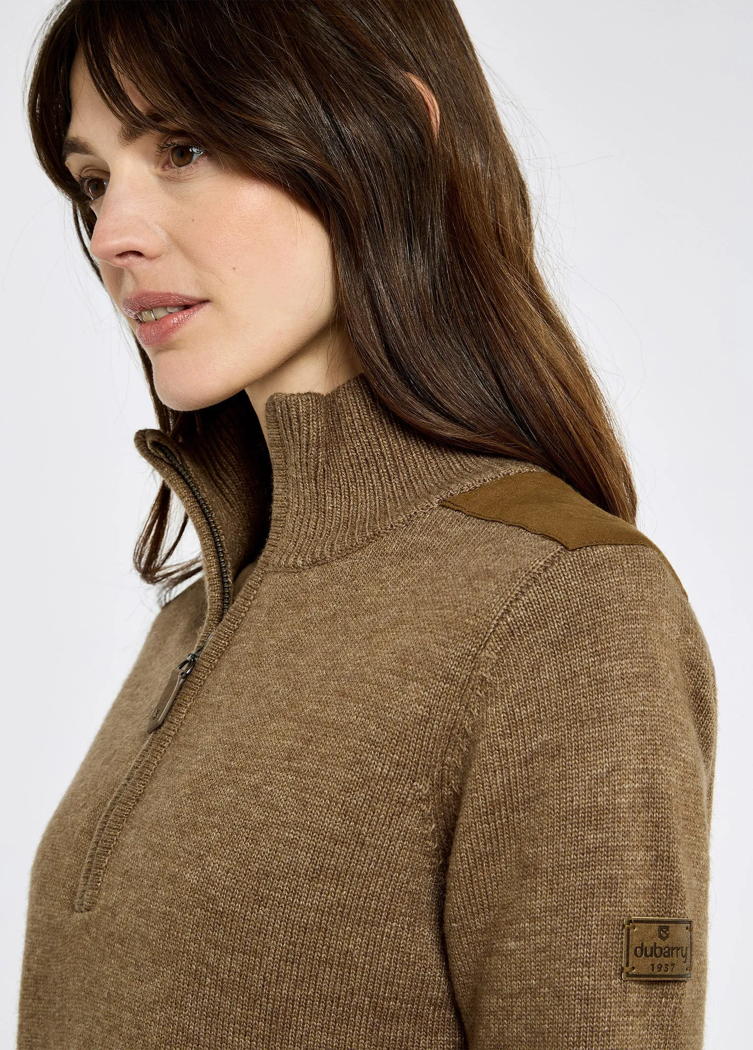 Drop Shoulder Design Hession Women's zip neck sweater - Elk