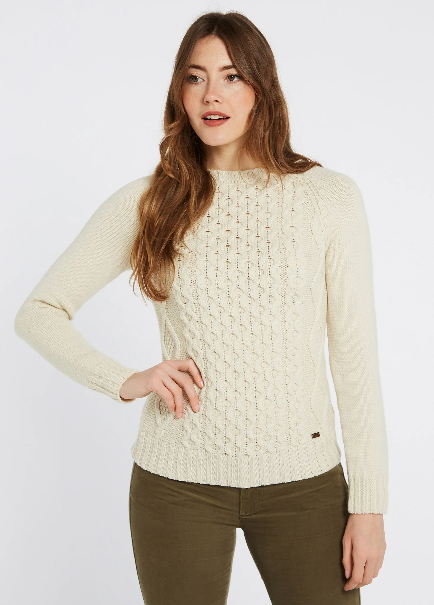 Shanley Women's Irish Knit Merino Aran Sweater - Cream Stylish Drape Hooded Neckline Option