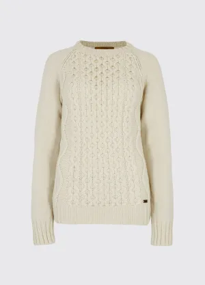 Shanley Women's Irish Knit Merino Aran Sweater - Cream Airflow Channel Weave Natural Fiber Blend