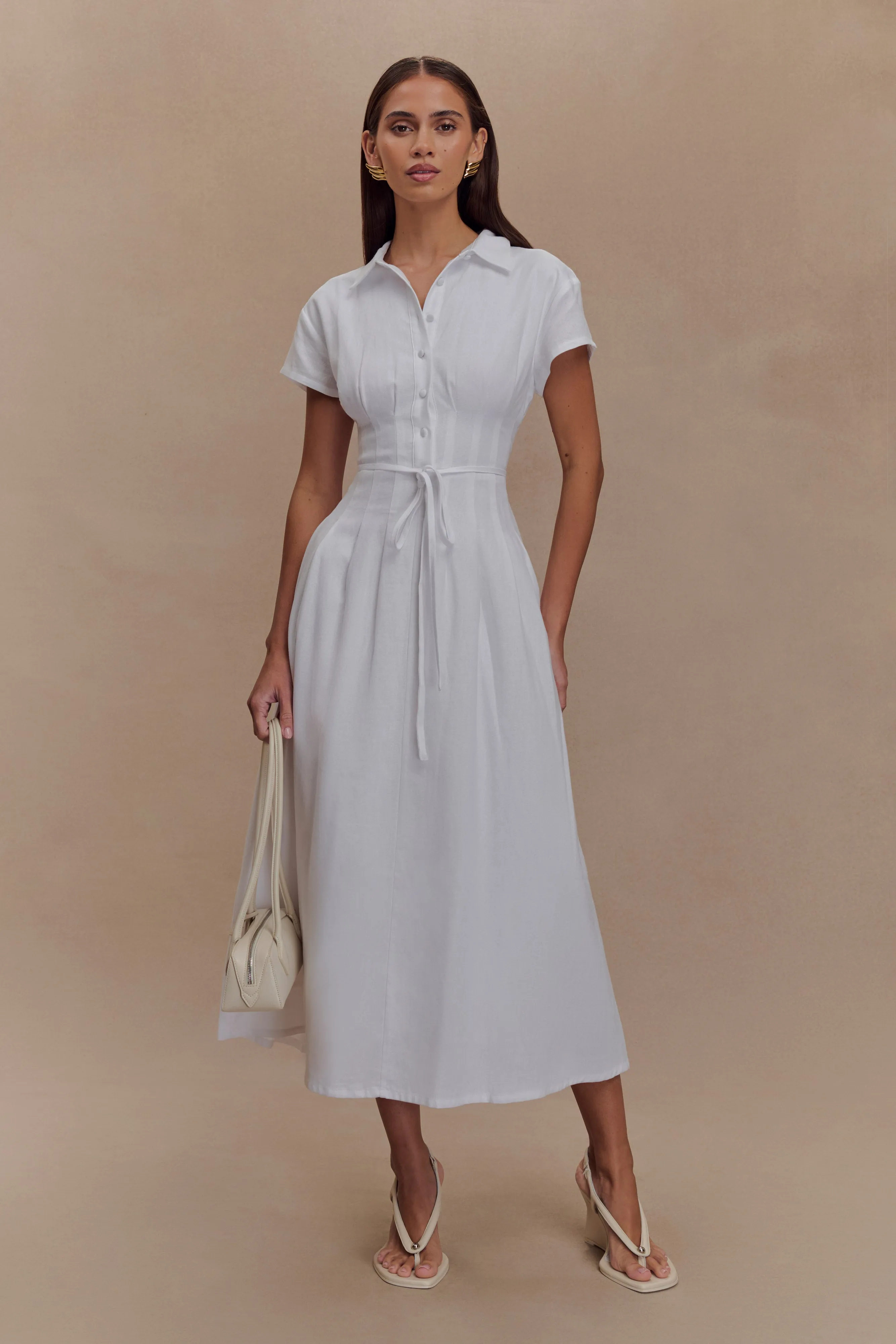 Aysha Buttoned Linen Midi Dress - White Weekend Fresh Flattering Design Wear