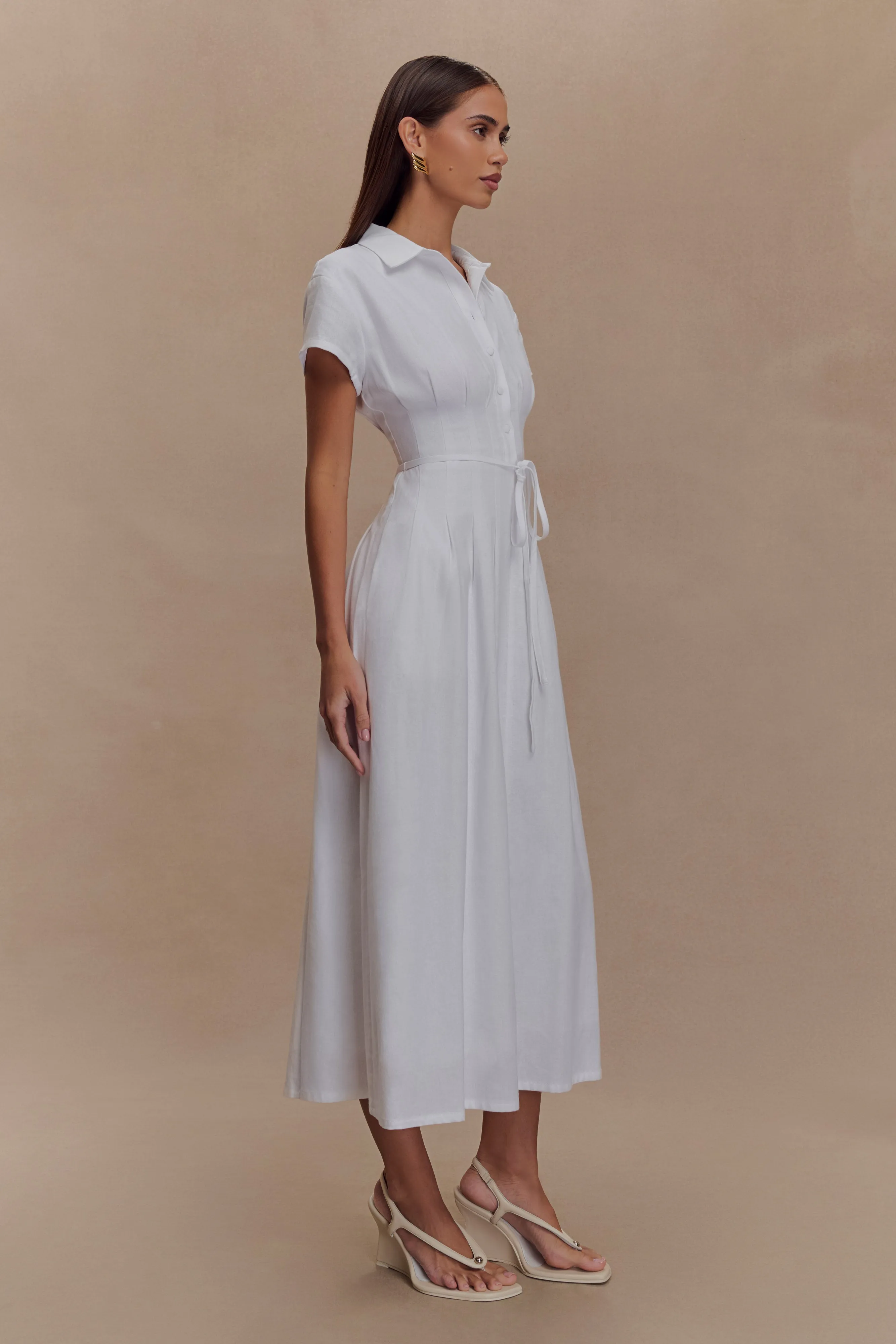 Lightweight Fabric Aysha Buttoned Linen Midi Dress - White