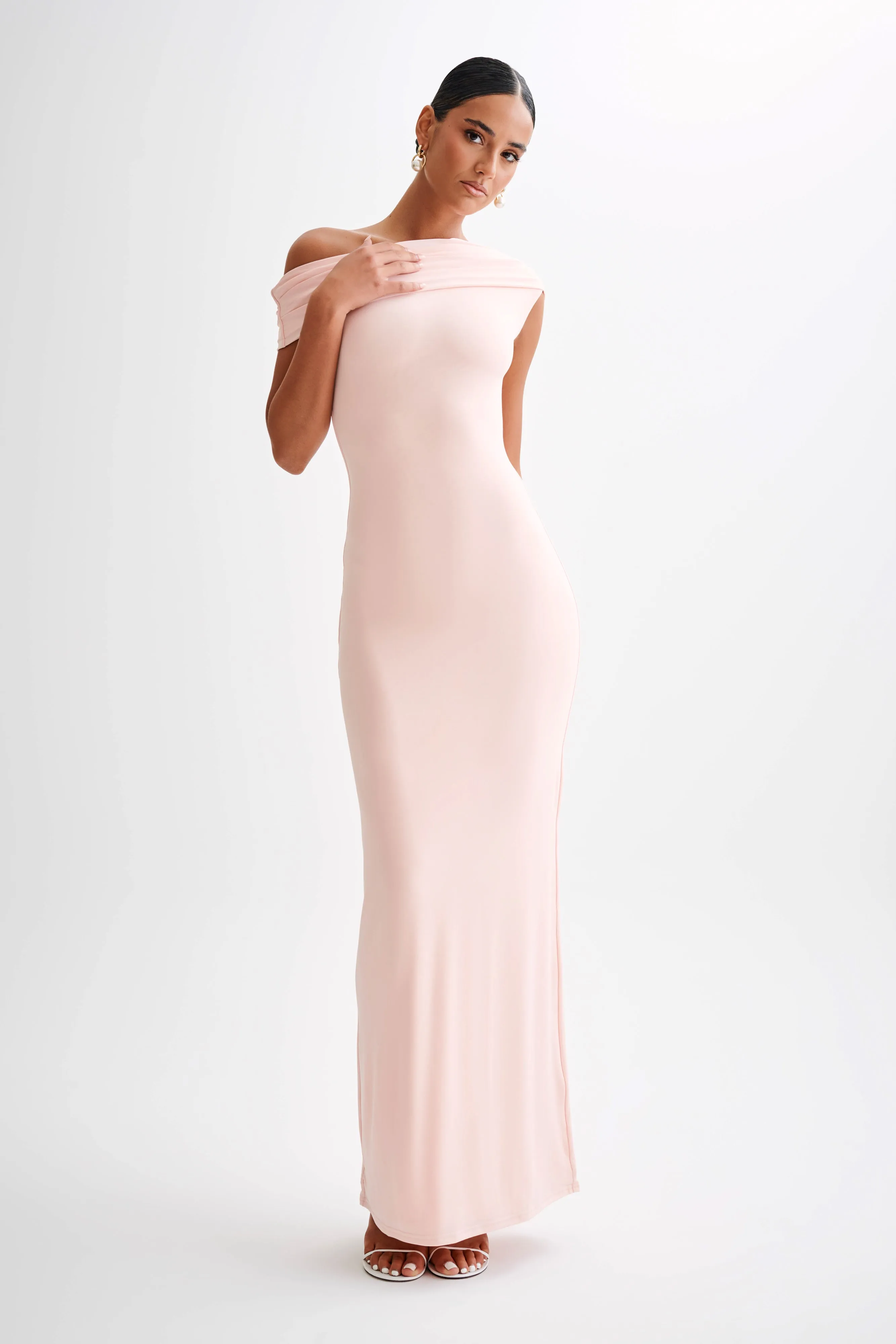 All-season garment Work Option Cassandra Off Shoulder Slinky Maxi Dress - Pale Pink