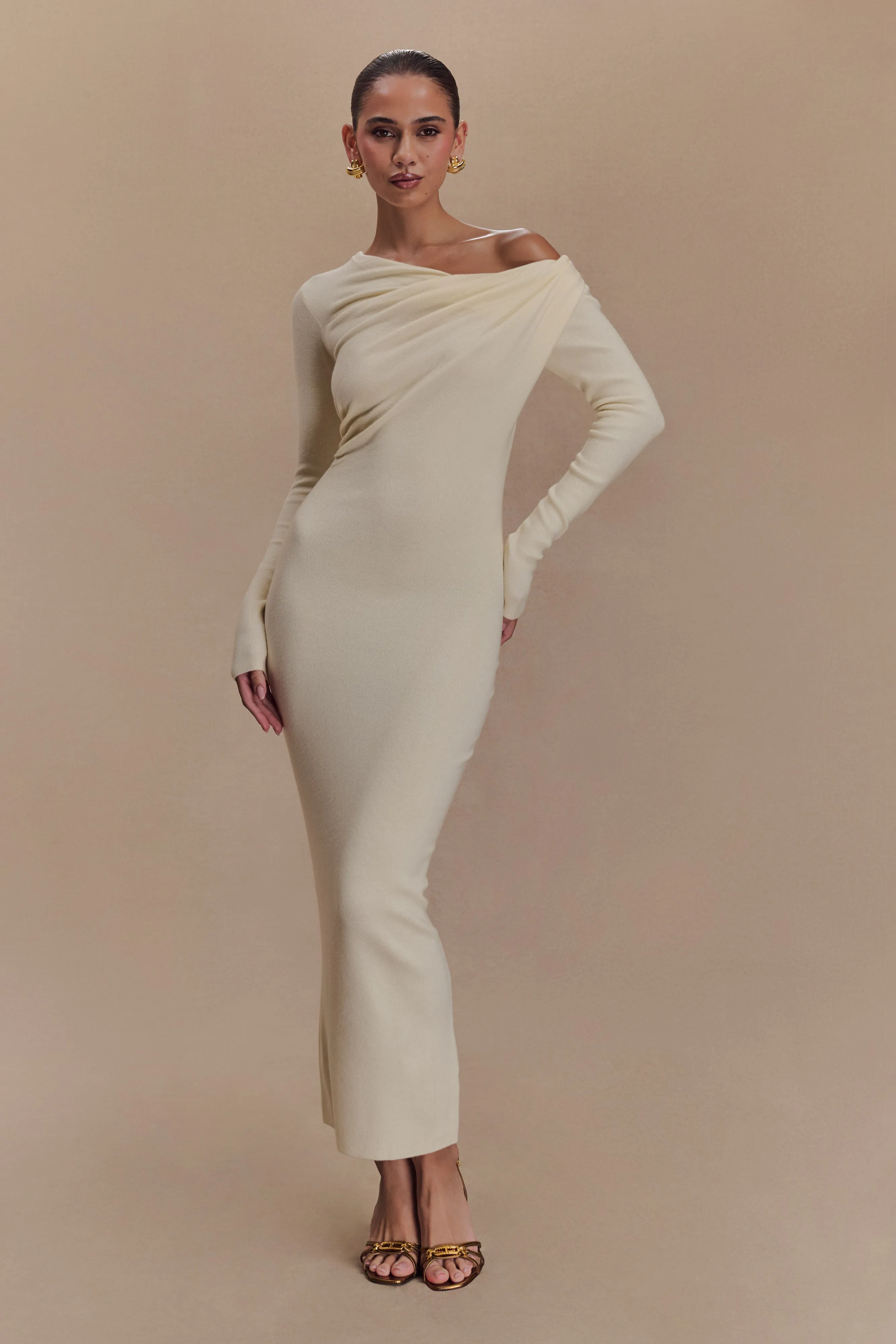Culver Draped Twist Knit Midi Dress - Cream Fashionable Comfort Wear Unlined Look