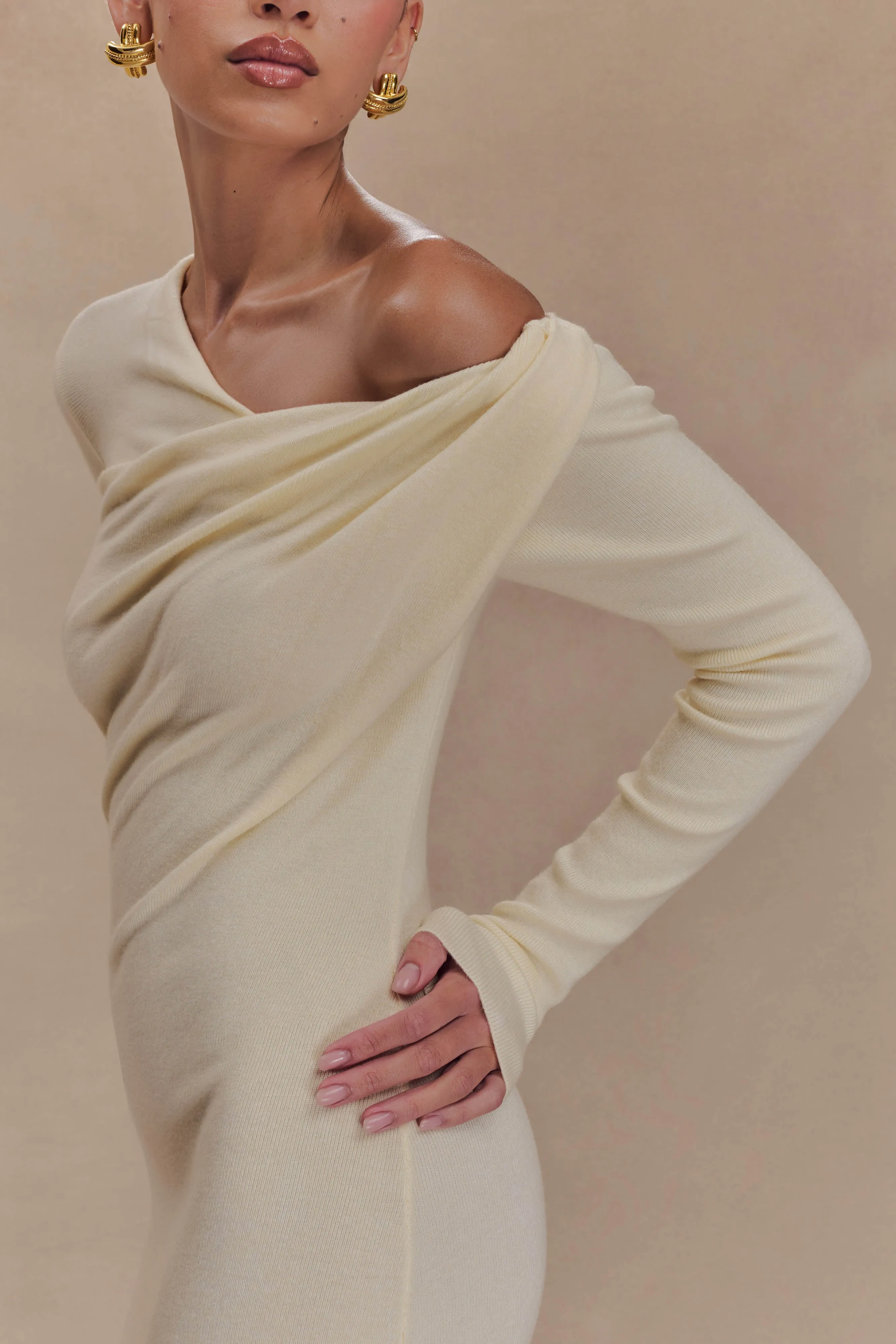 Basic Warm Culver Draped Twist Knit Midi Dress - Cream