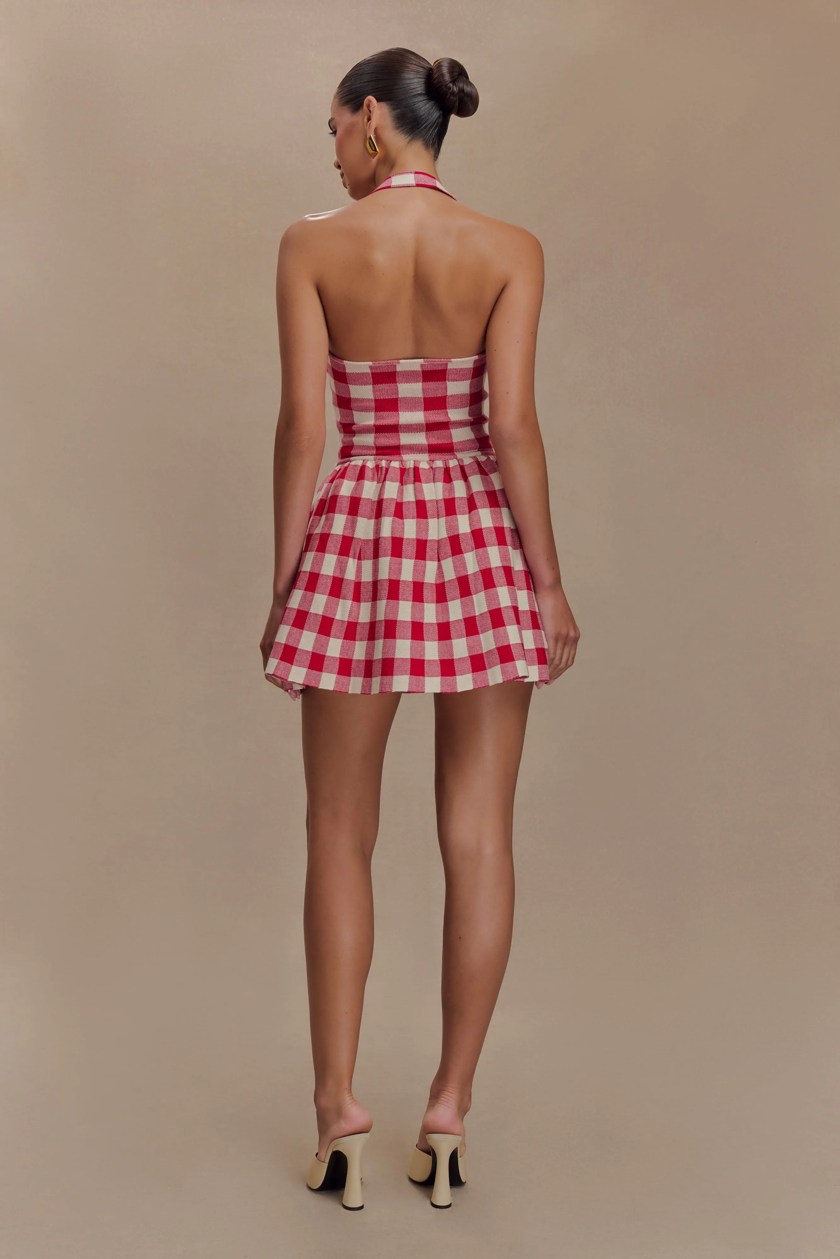Elegant Waistband Lindsay Halter Knit Mini Dress - Red Gingham
