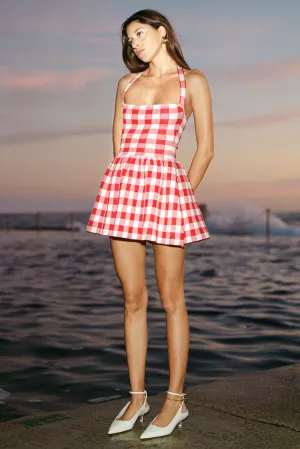Classic Touch Chilly Day Comfort Lindsay Halter Knit Mini Dress - Red Gingham