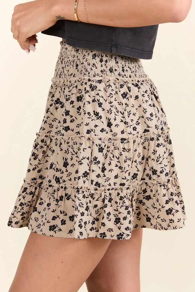 Double Stitched Rachelle Tan and Black Floral Mini Skort