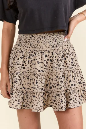 Rachelle Tan and Black Floral Mini Skort Ventilated Slits