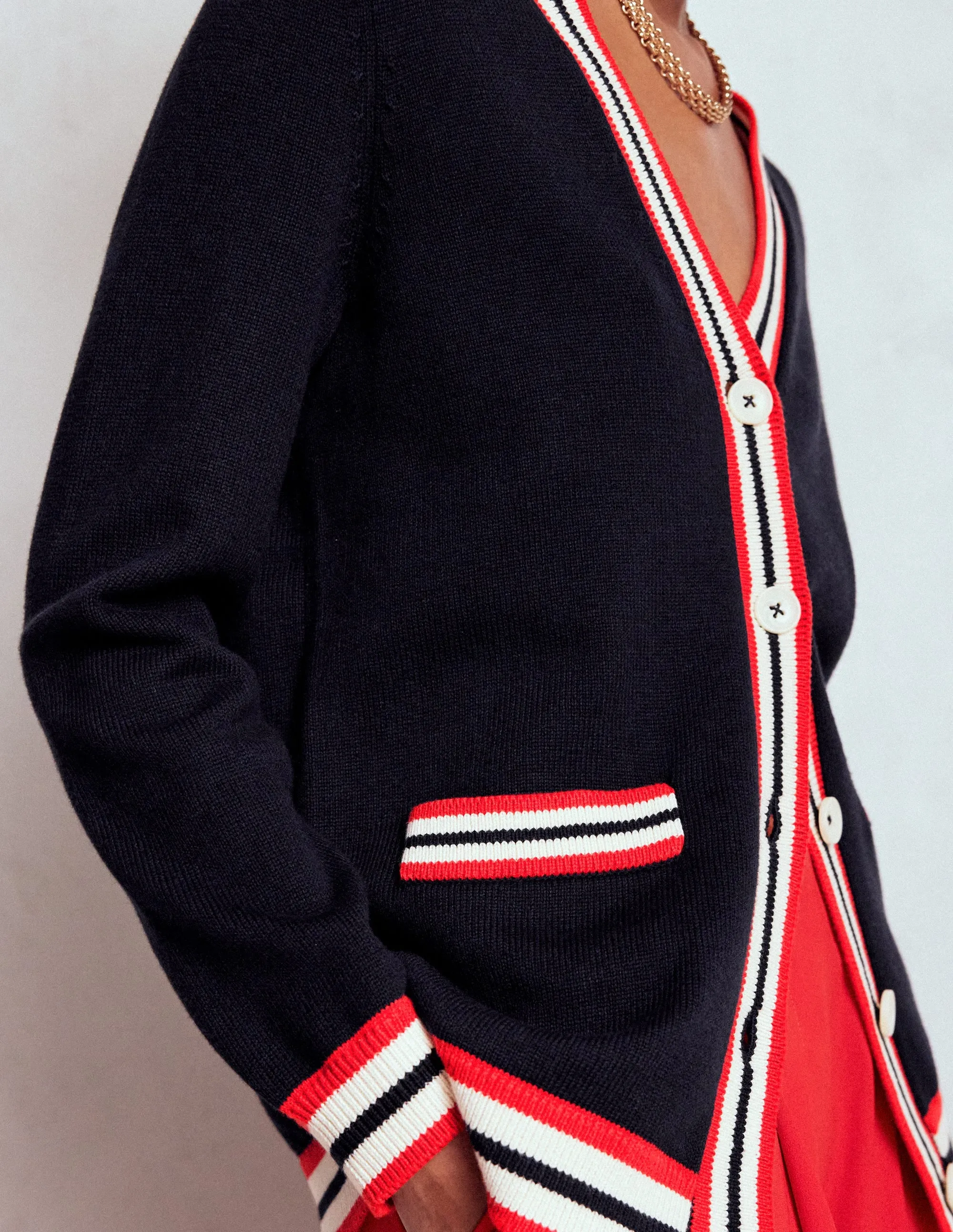 Twisted Cable Pattern Long Cotton V-neck Cardigan-Navy