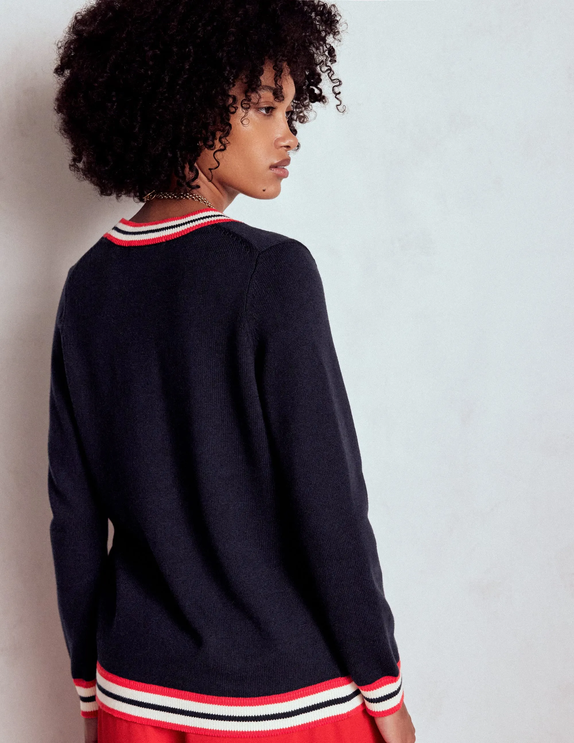 Long Cotton V-neck Cardigan-Navy Layered Collar Option Non Chlorine Bleach Safe