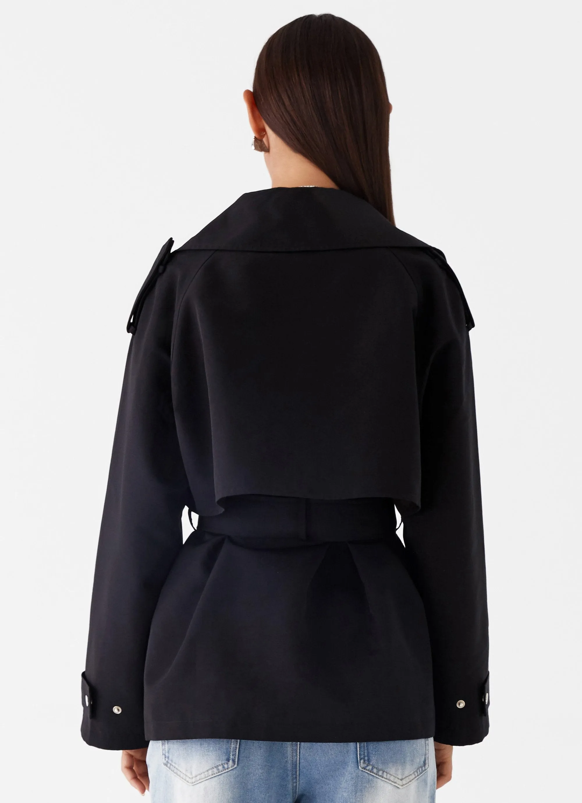 Weatherproof Zipper Closure Stretch Weave Fabric Ace Of Spades Cropped Trench Coat - Black