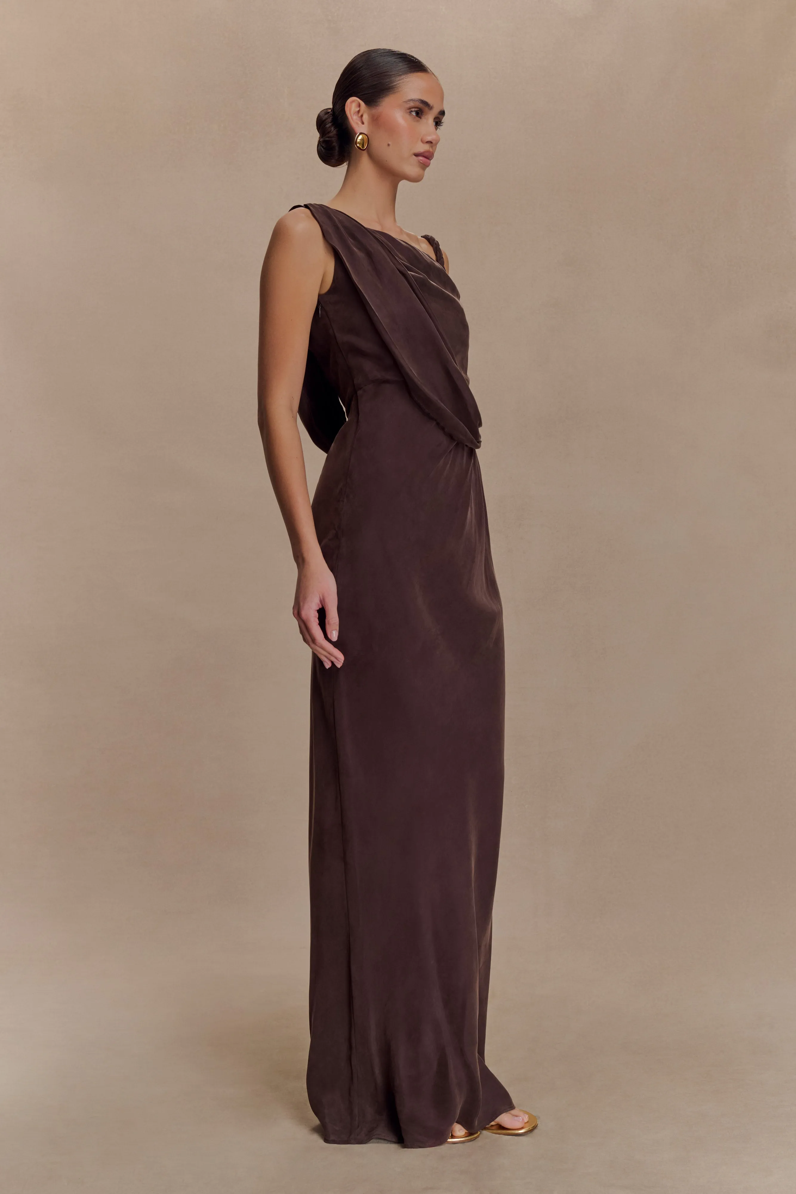 Lorieanne Draped Maxi Dress - Dark Chocolate Sheer Overlay Relaxed Fit Design