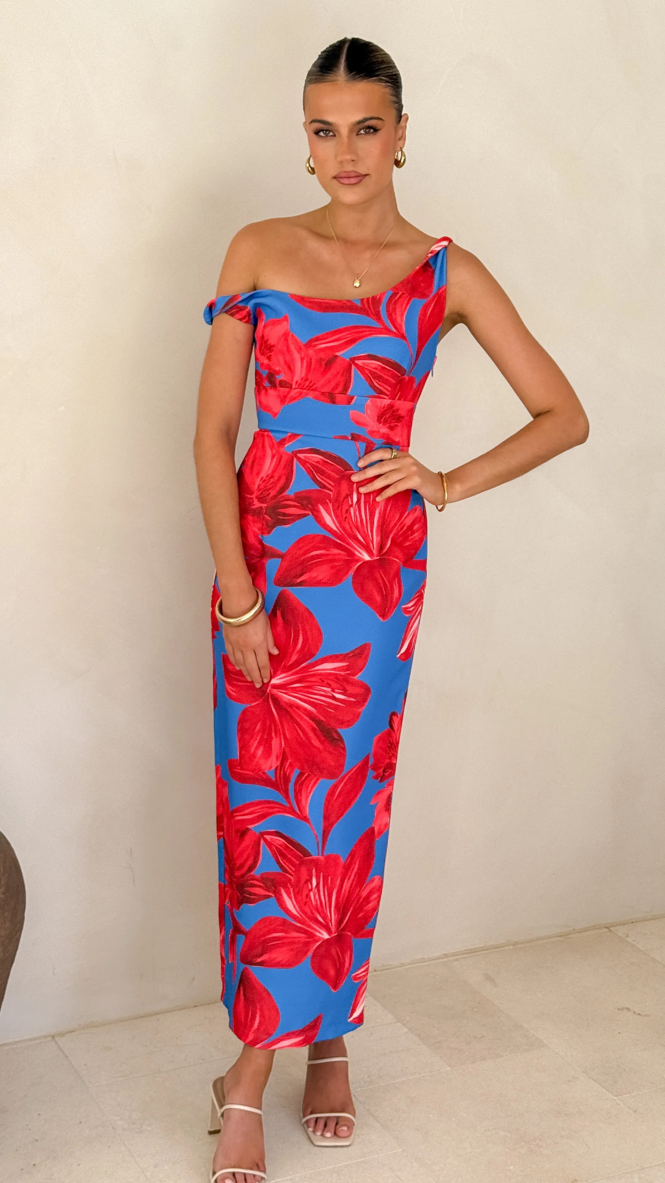Lorina Maxi Dress - Red/Blue Floral Elegant Fit Soft Weave