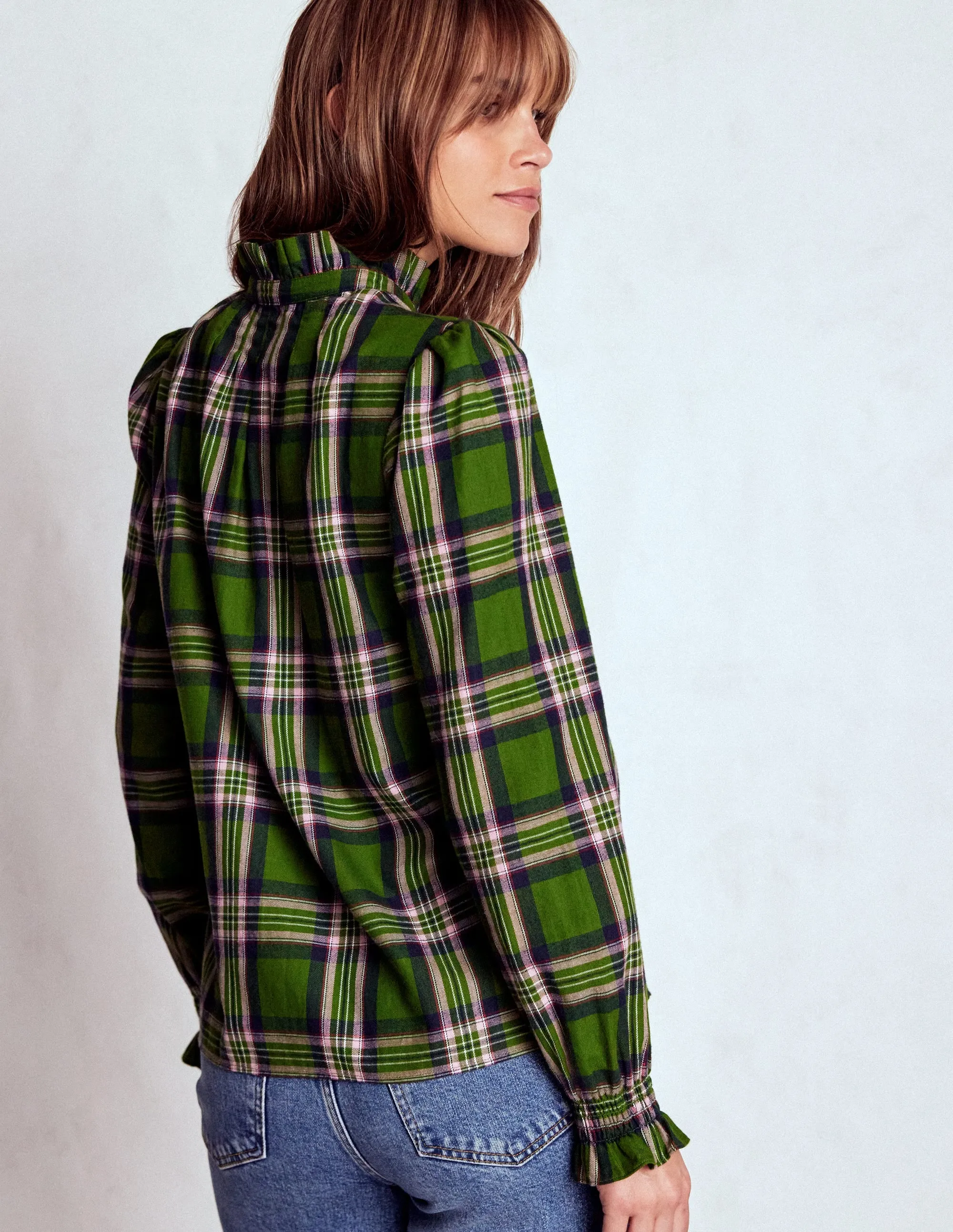 PreShrunkCotton Casual Flex Design Lorna Brushed Cotton Top-Green, Navy & Pink Check