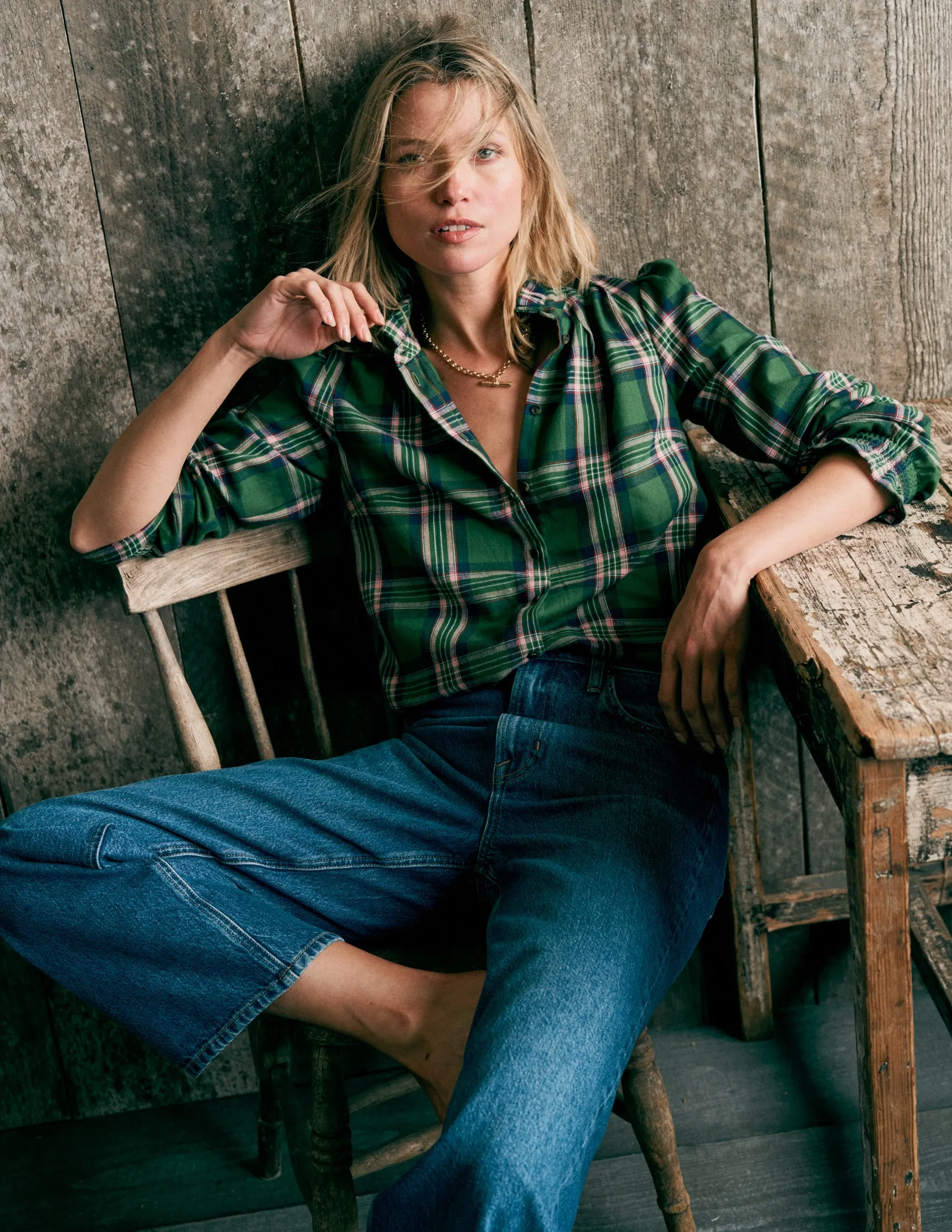 Lorna Brushed Cotton Top-Green, Navy & Pink Check Active Layers Casual Wear