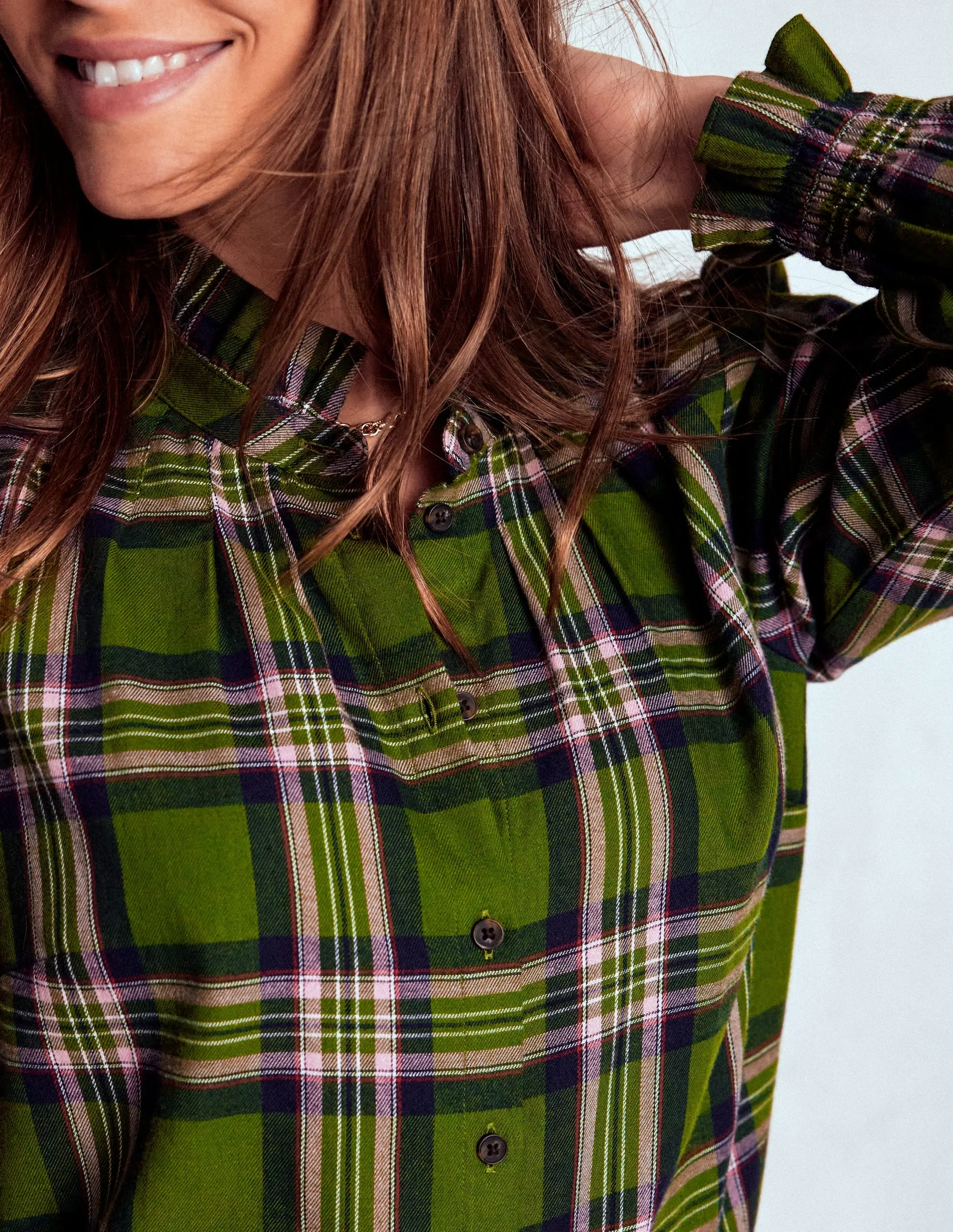 Bright and Bold Contrast Inner Binding Lorna Brushed Cotton Top-Green, Navy & Pink Check