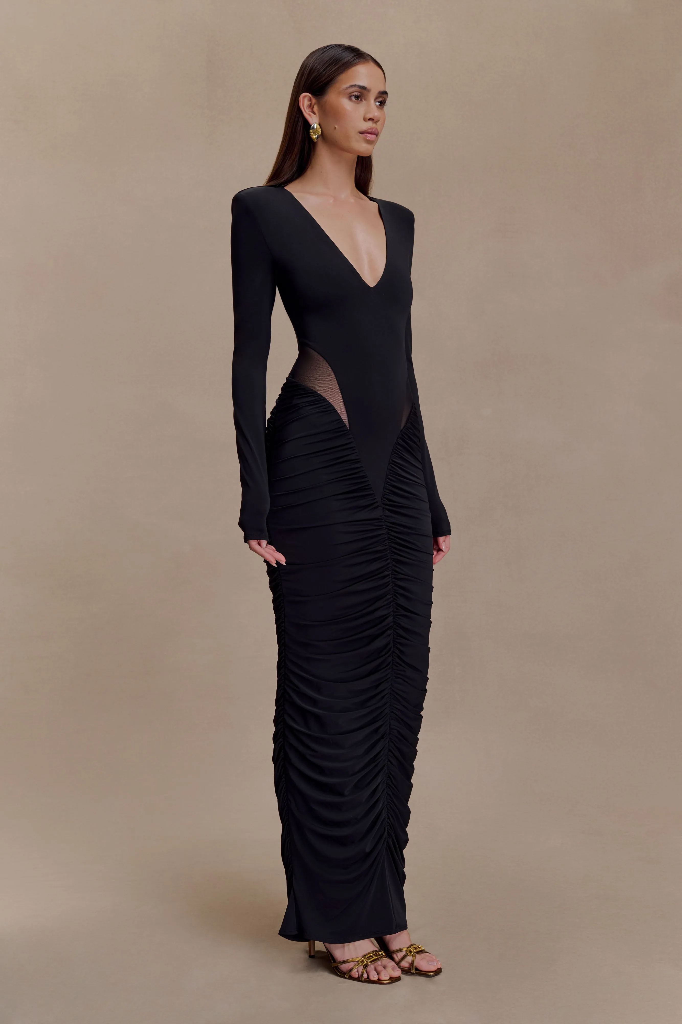 Louanne Slinky Long Sleeve Maxi Dress - Black Bold Design Versatile Comfort