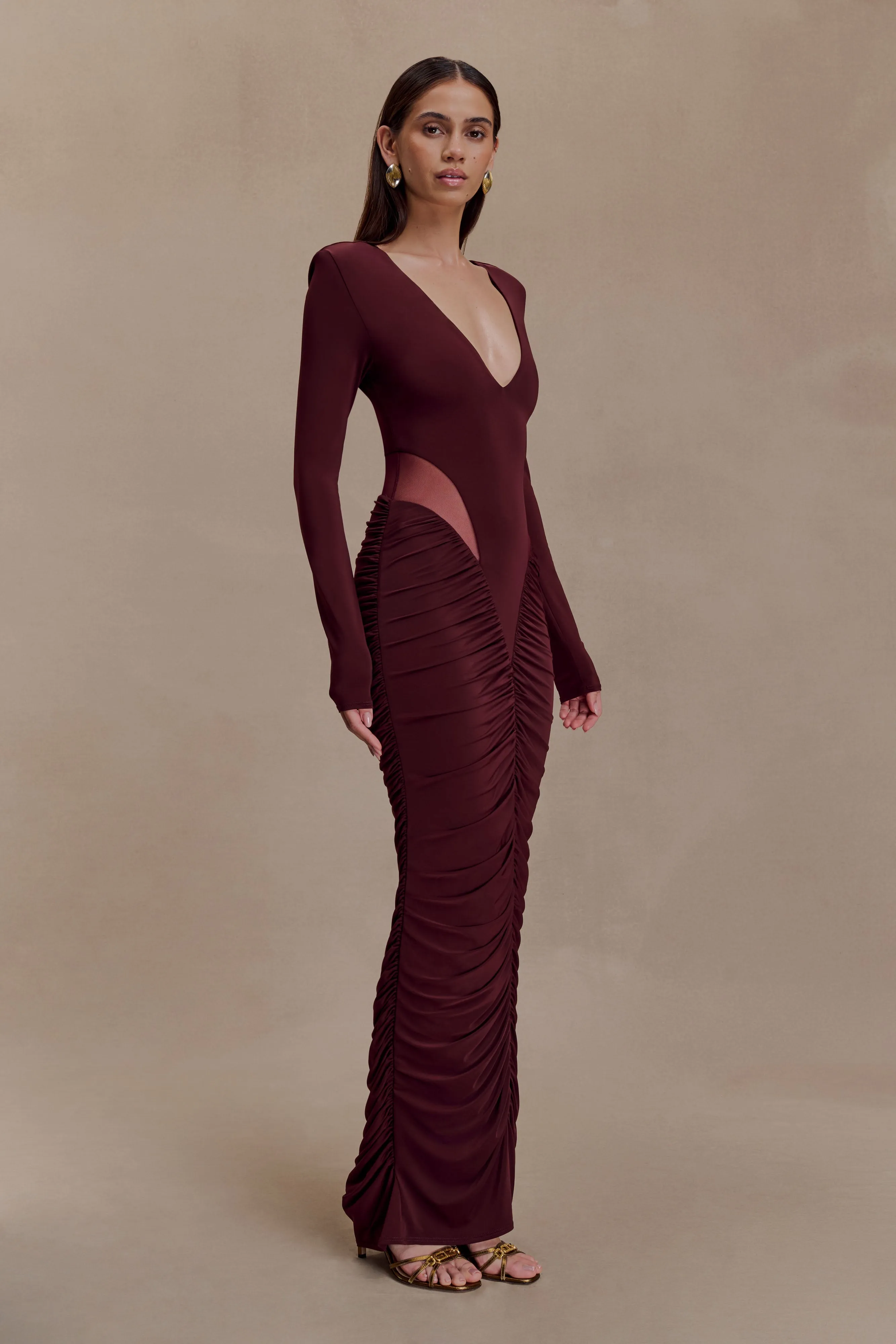 Louanne Slinky Long Sleeve Maxi Dress - Burgundy Button Chic Clean Flow