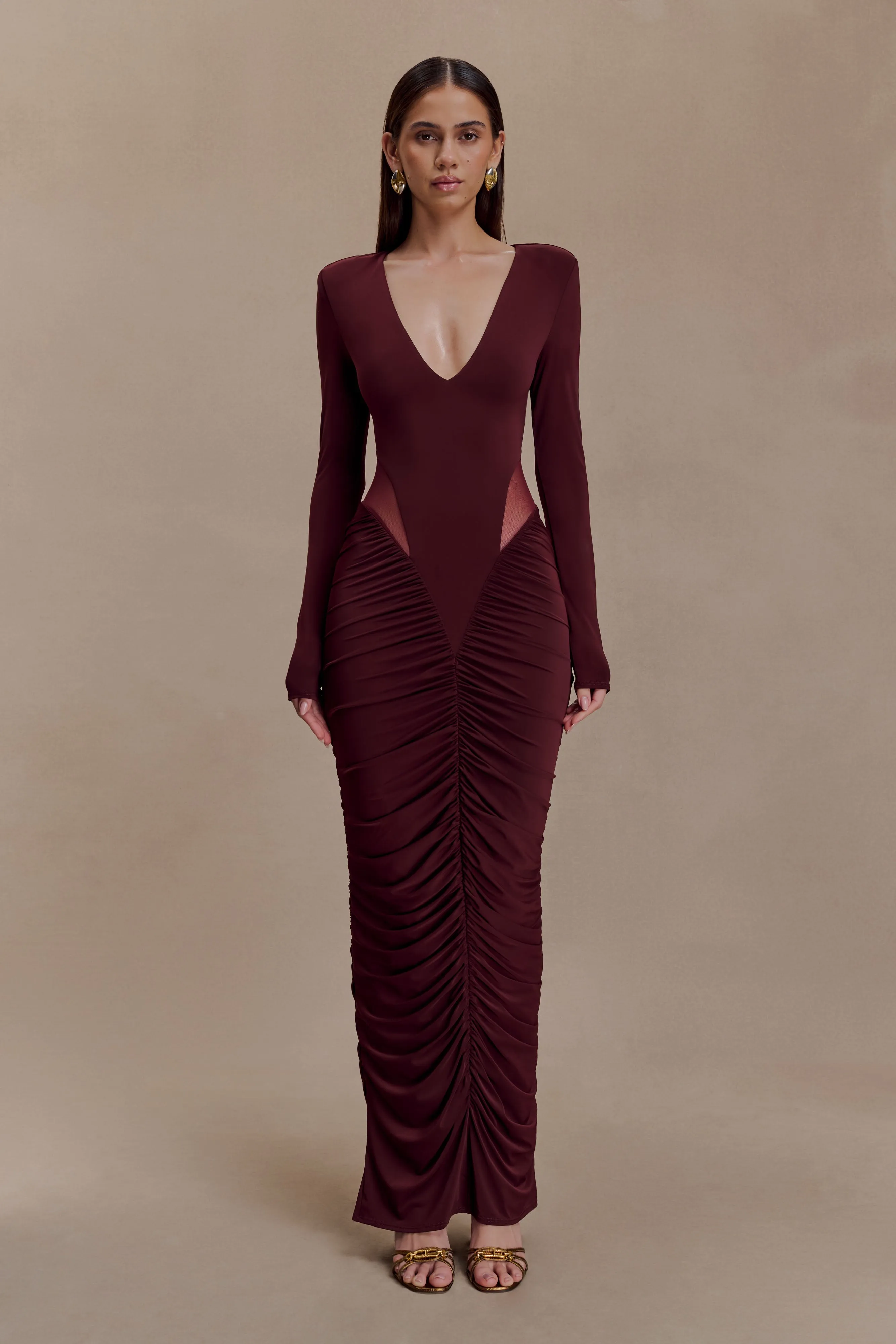Louanne Slinky Long Sleeve Maxi Dress - Burgundy Sleek Look