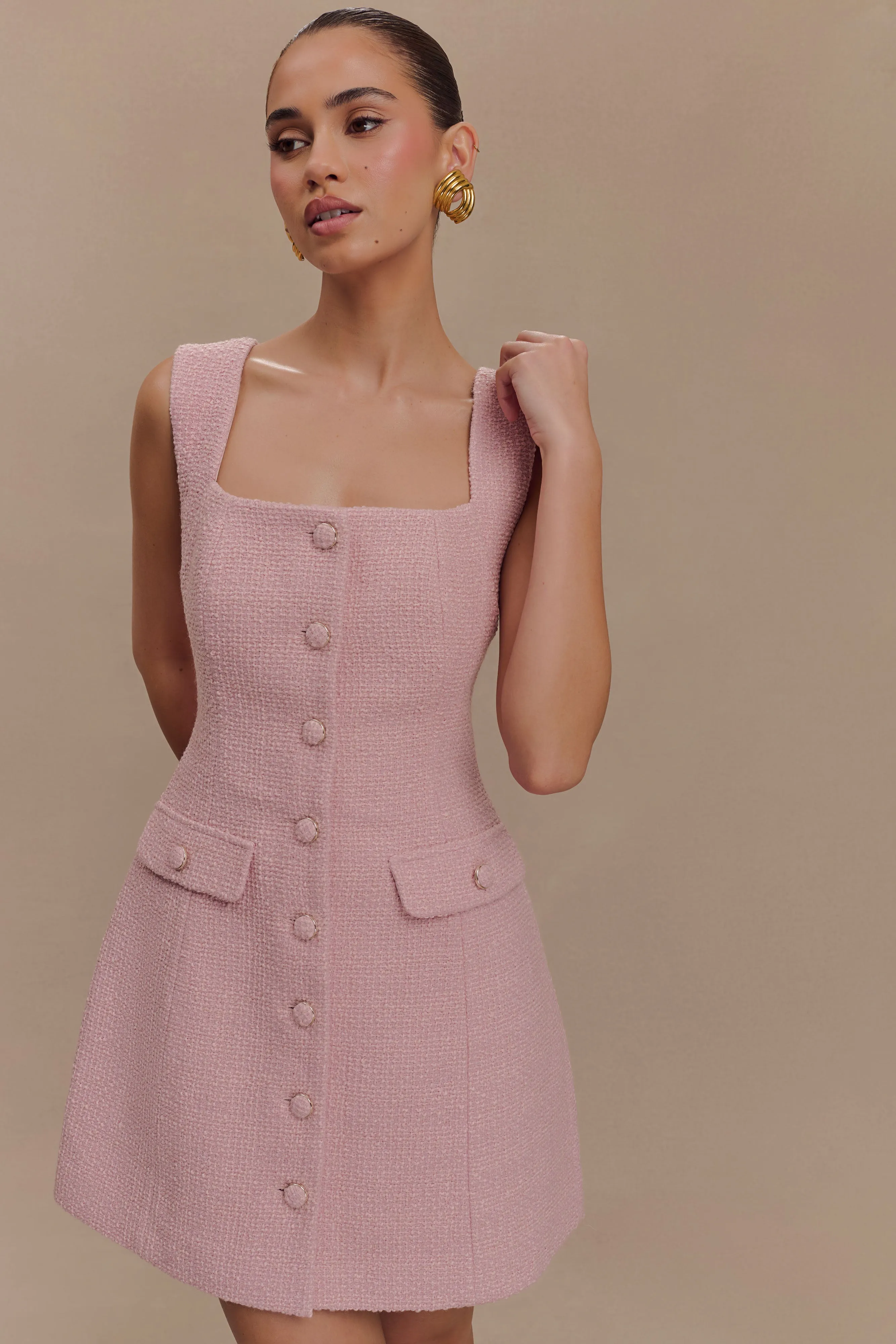 Desire Boucle Mini Dress - Powder Pink Unique Cut