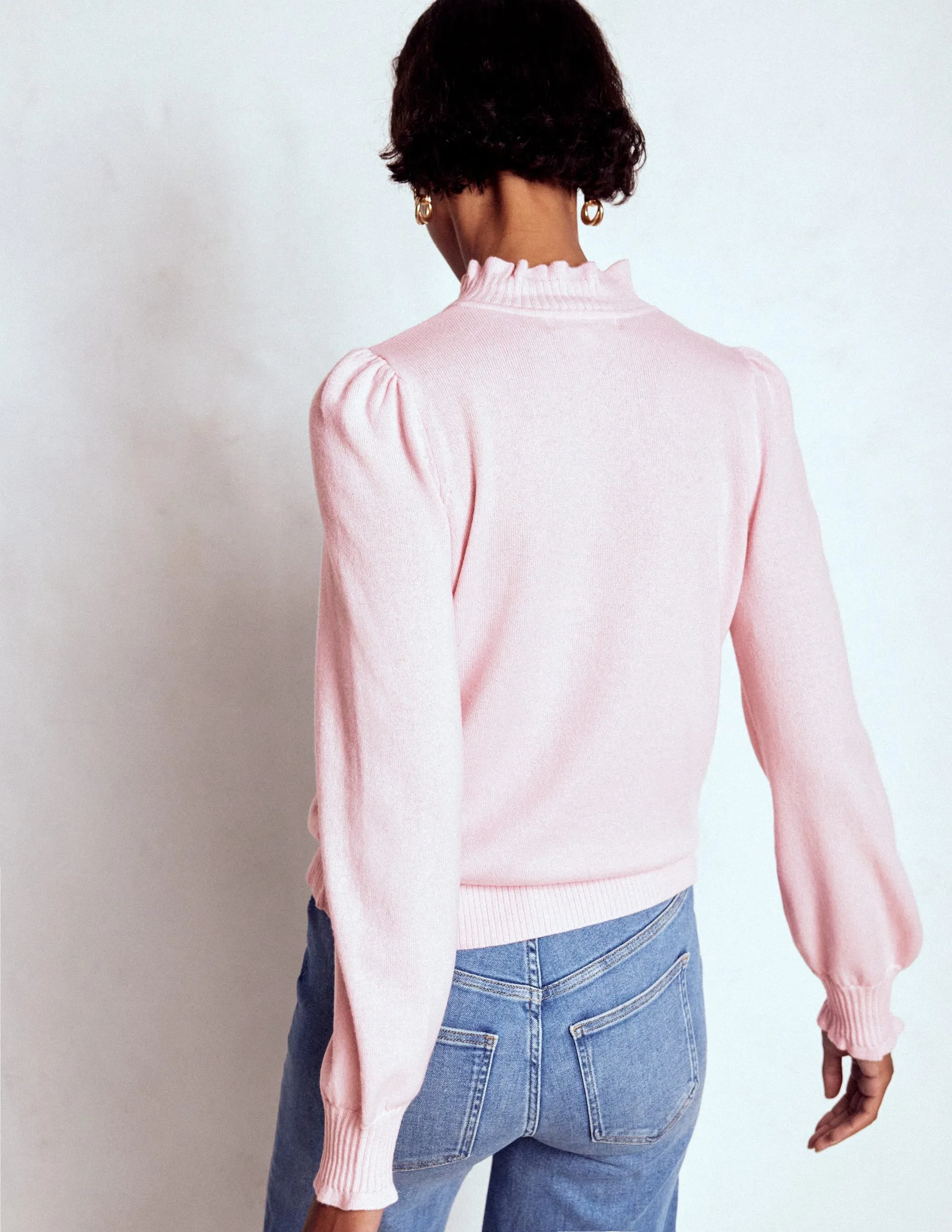 Turtle Neck Variant Frill Trim Cashmere Jumper-Chalk Pink