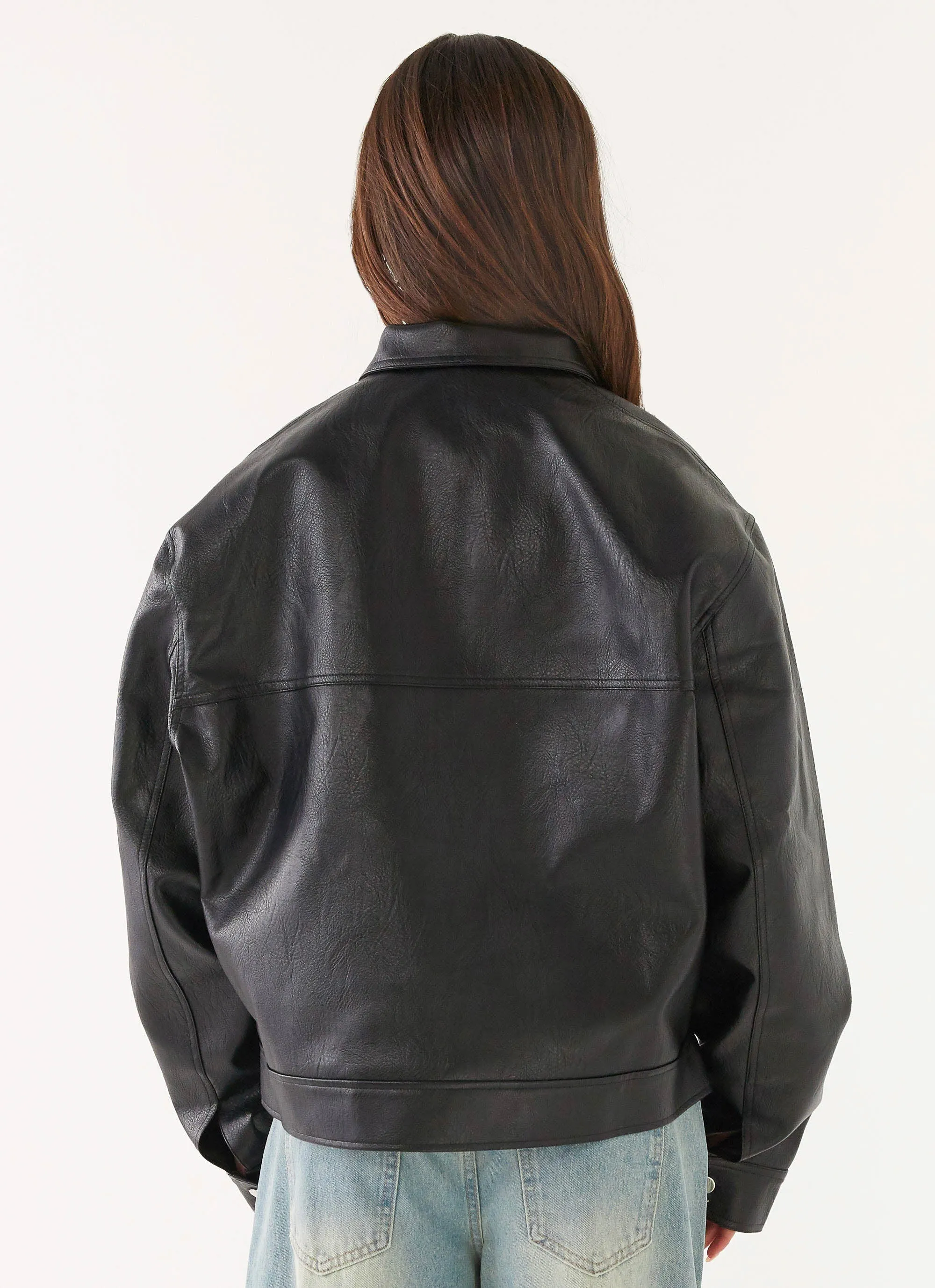 Layering Compatible Cut Lula Faux Leather Bomber Jacket - Black