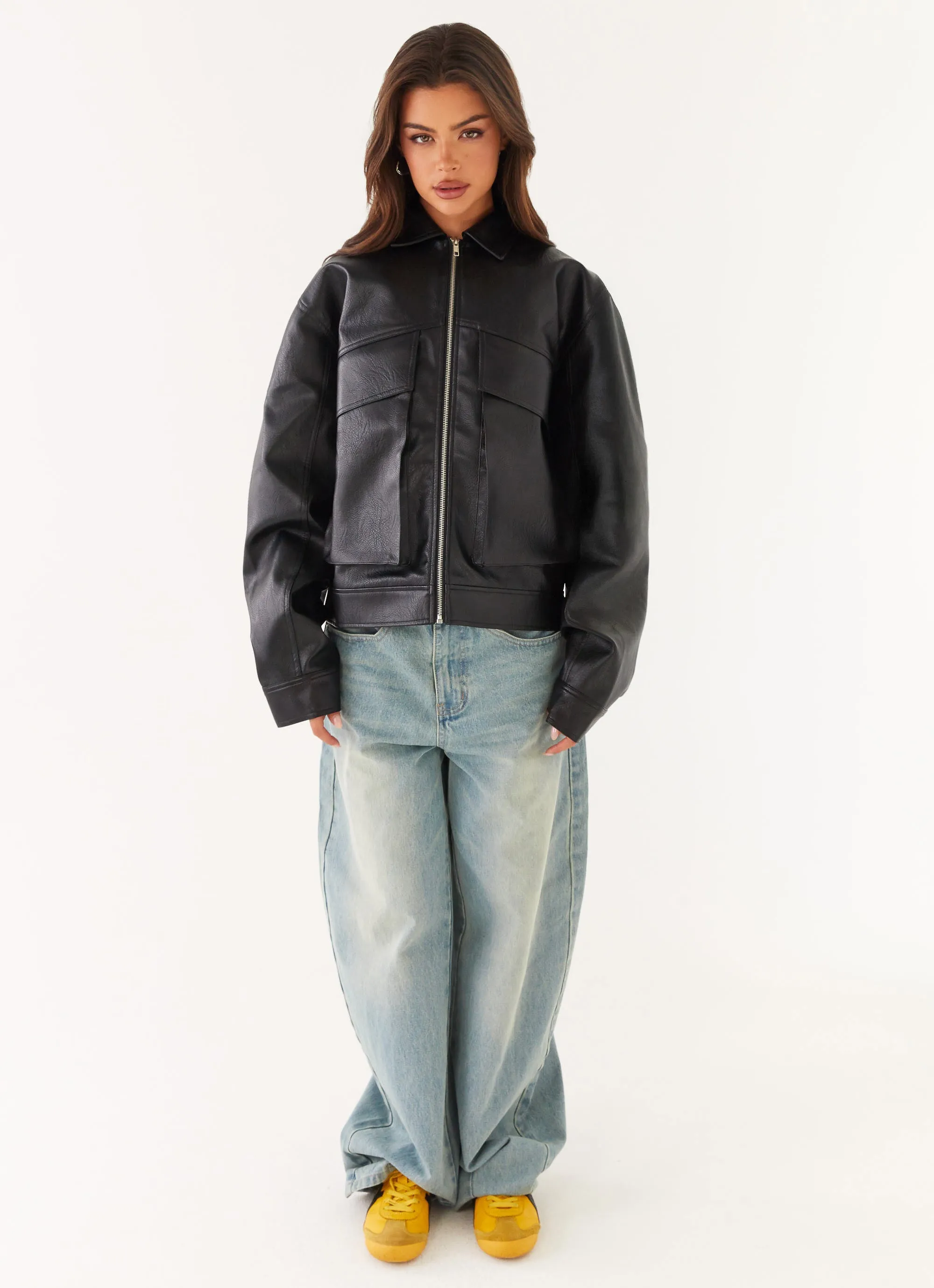 HiddenPockets Lula Faux Leather Bomber Jacket - Black