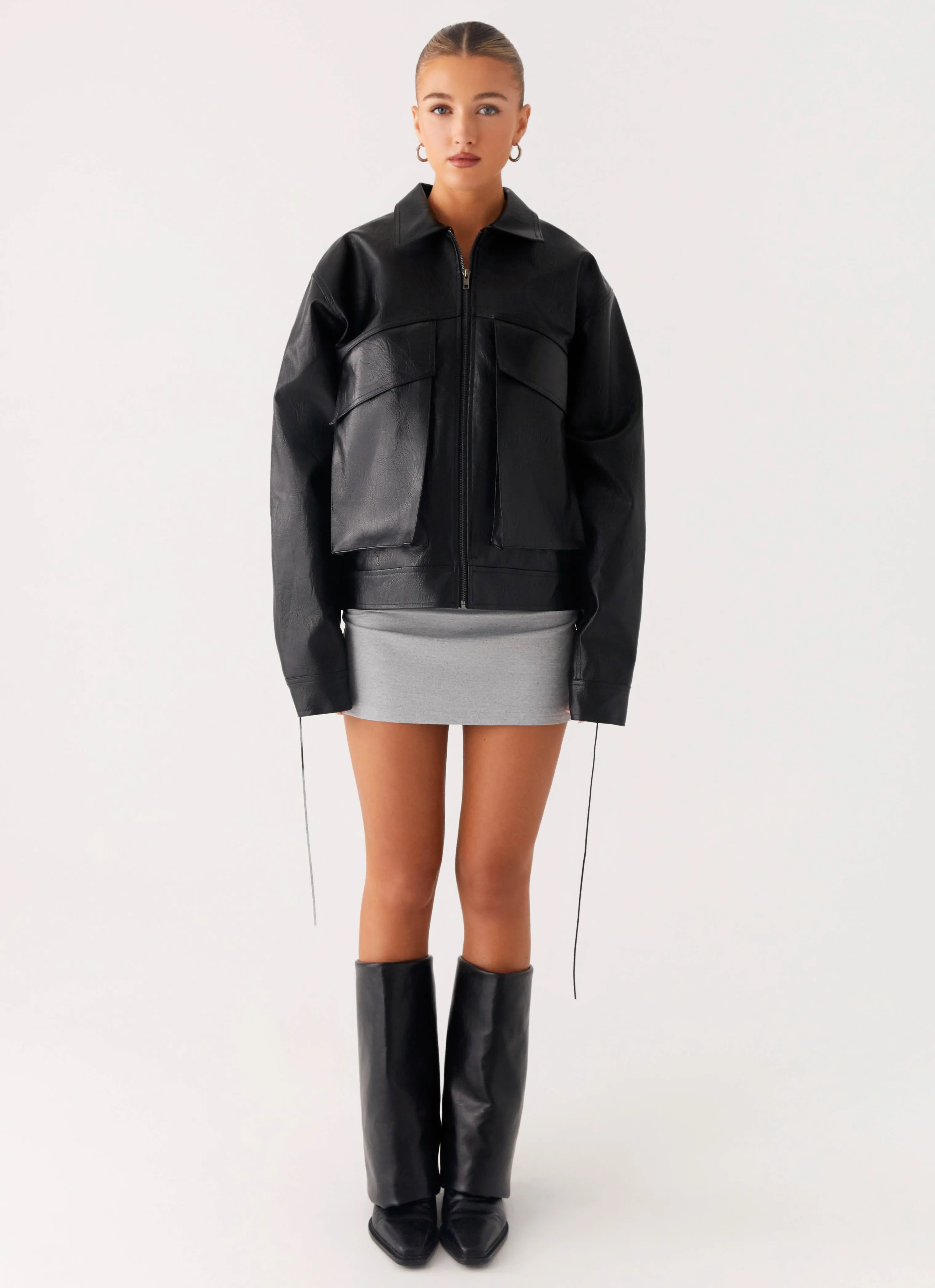 Eco Friendly Dyed Fabric Compact Storage Lula Tassle Faux Leather Bomber Jacket - Black